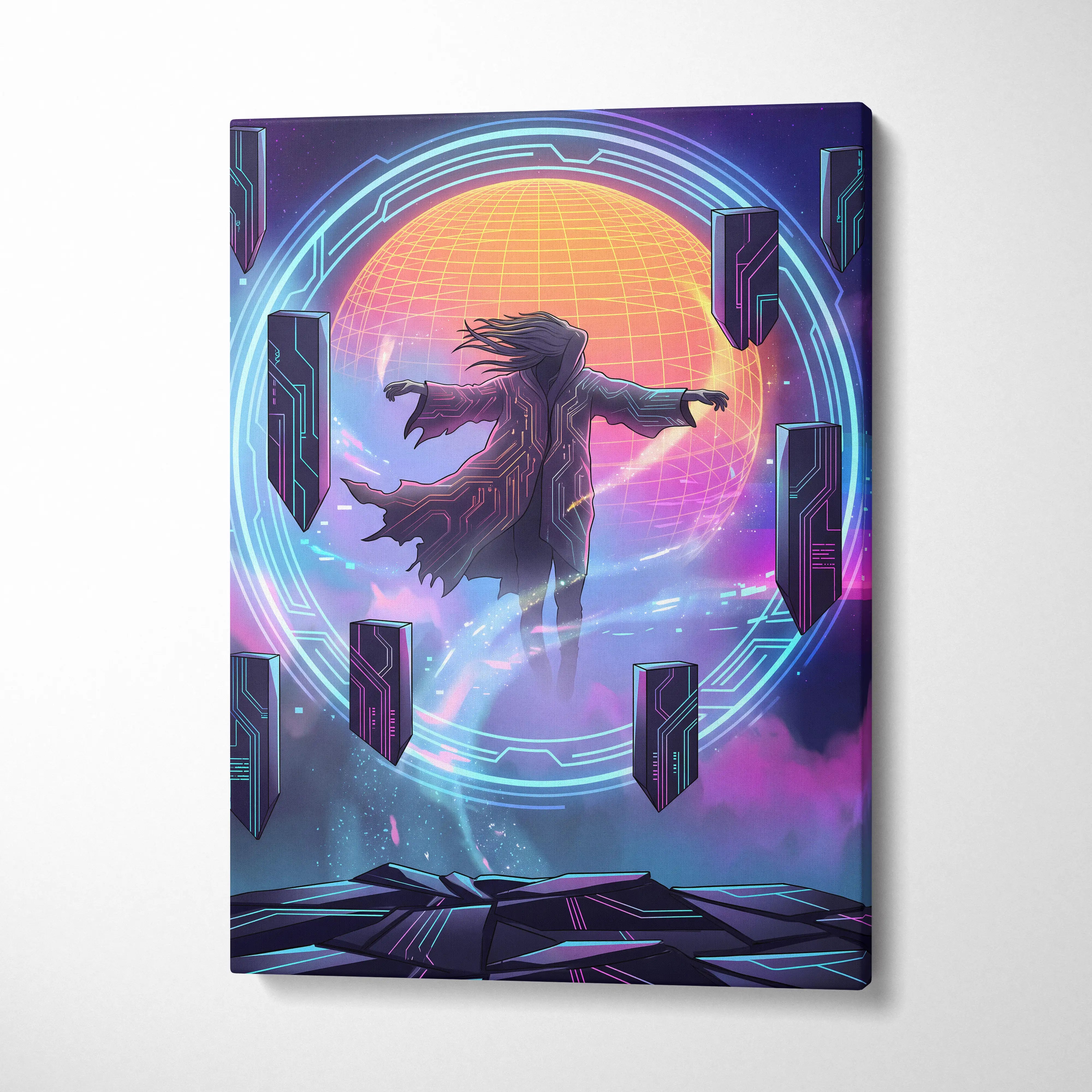 Vaporwave Neon Dreamscape Canvas - Figure Neon Pink Blue Living Room Vaporwave Dreamy Gallery Wall Synthwave Canvas