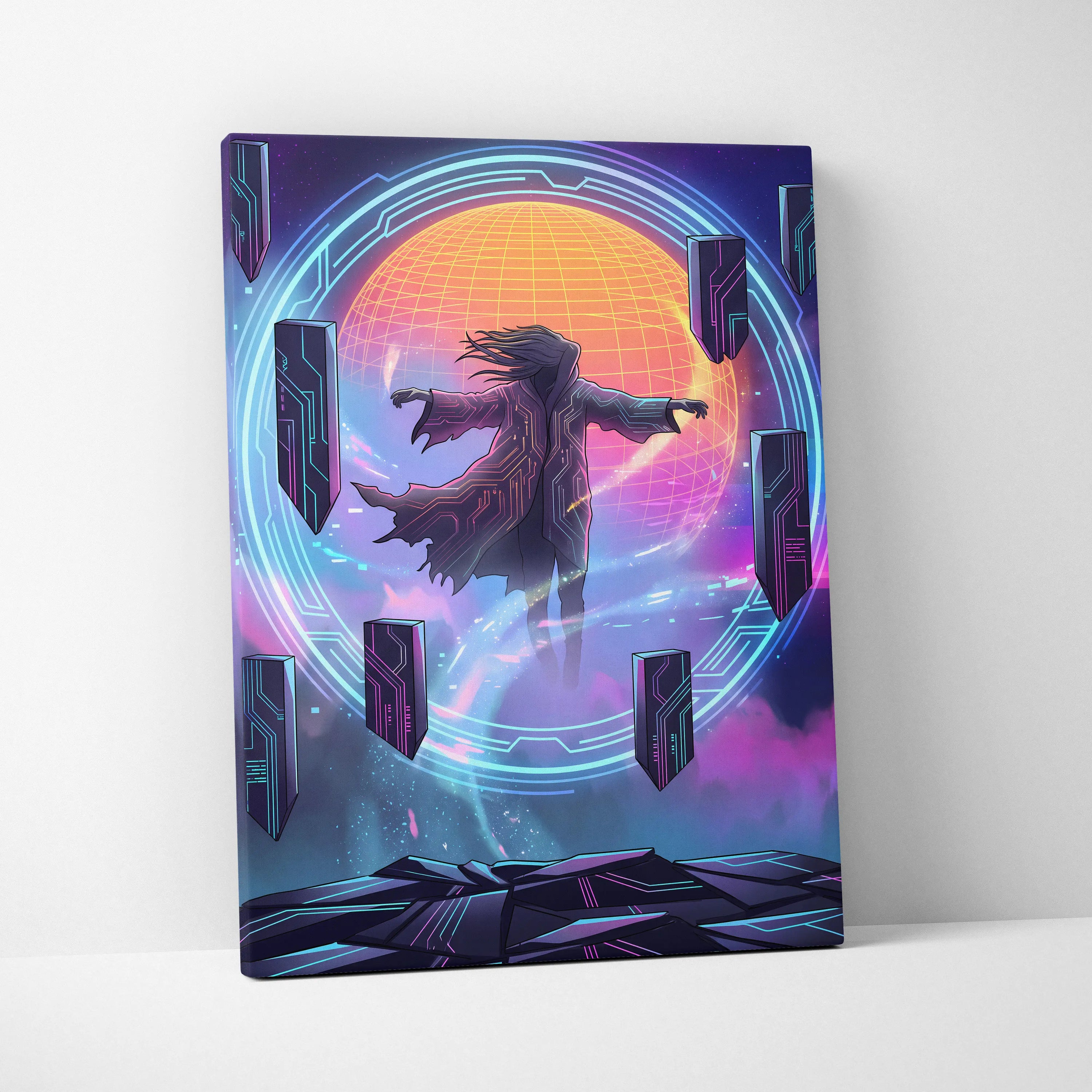 Vaporwave Neon Dreamscape Canvas - Figure Neon Pink Blue Living Room Vaporwave Dreamy Gallery Wall Synthwave Canvas