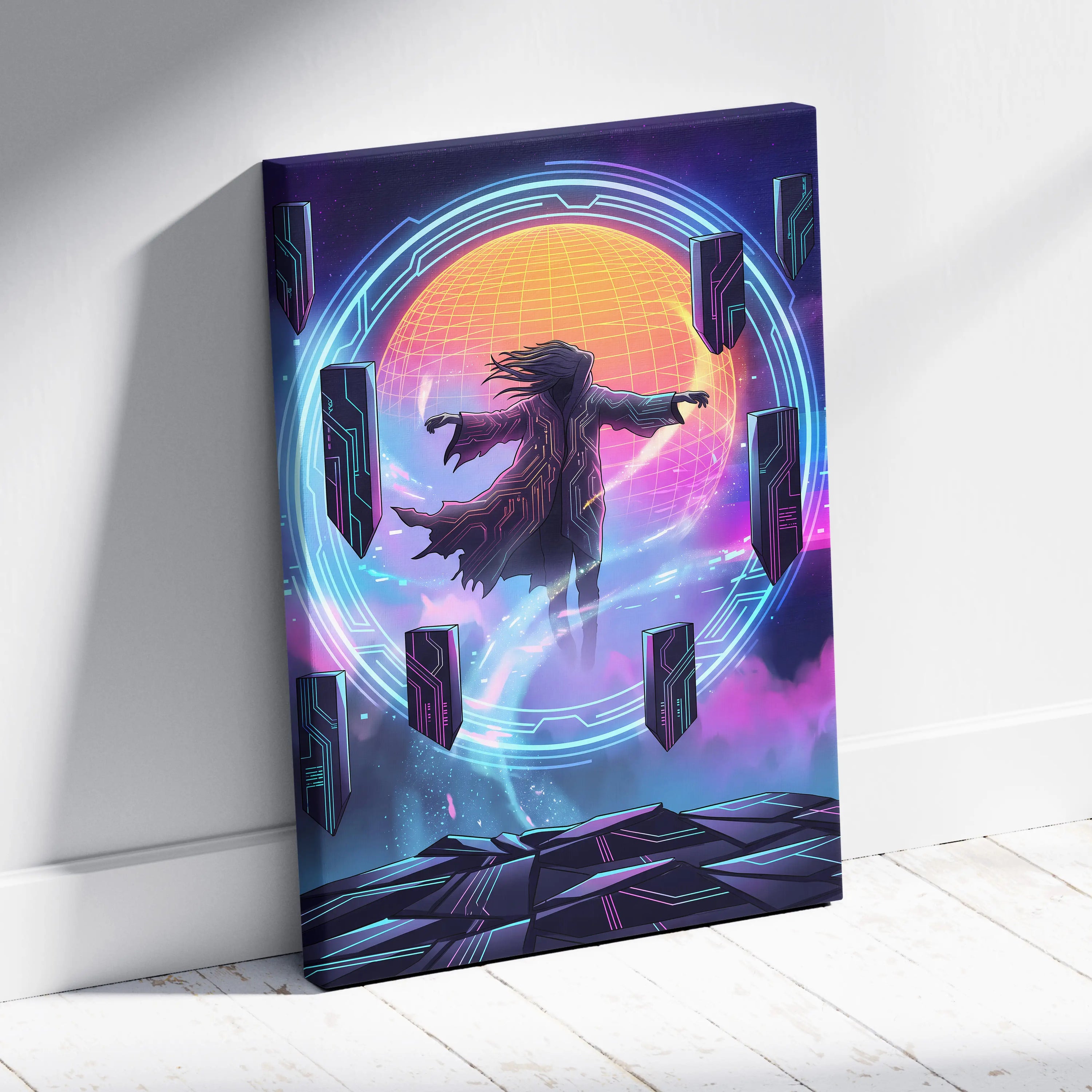 Vaporwave Neon Dreamscape Canvas - Figure Neon Pink Blue Living Room Vaporwave Dreamy Gallery Wall Synthwave Canvas