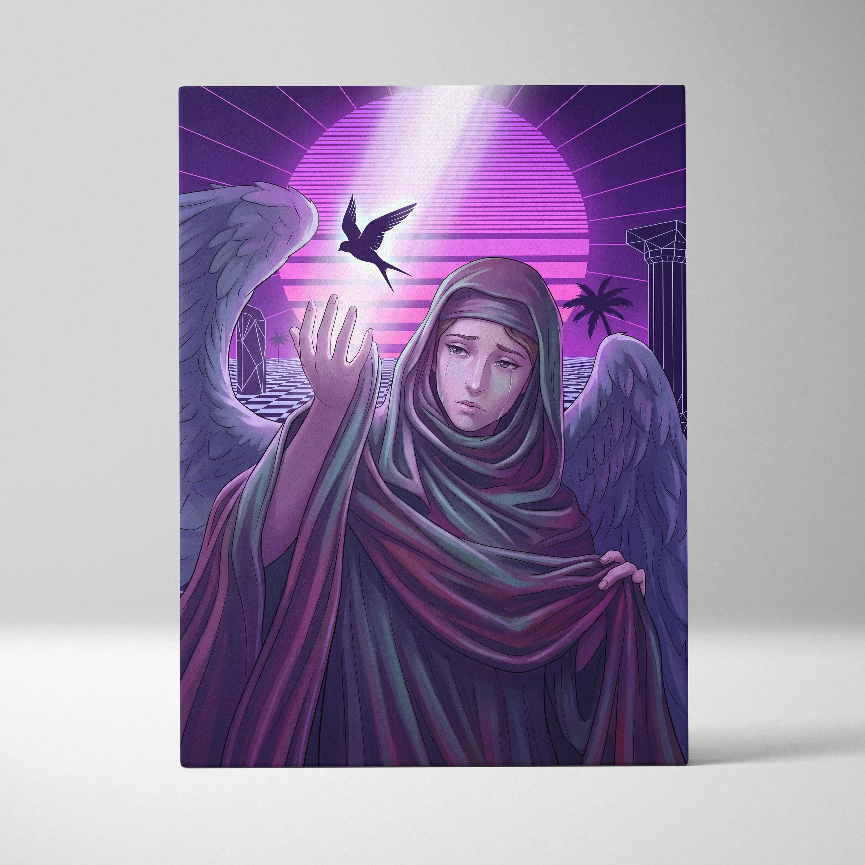 Vaporwave Neon Fantasy Canvas - Vaporwave Angel Neon Purple Living Room Retro-Futurism Dreamy Mystic Neo 80s Canvas