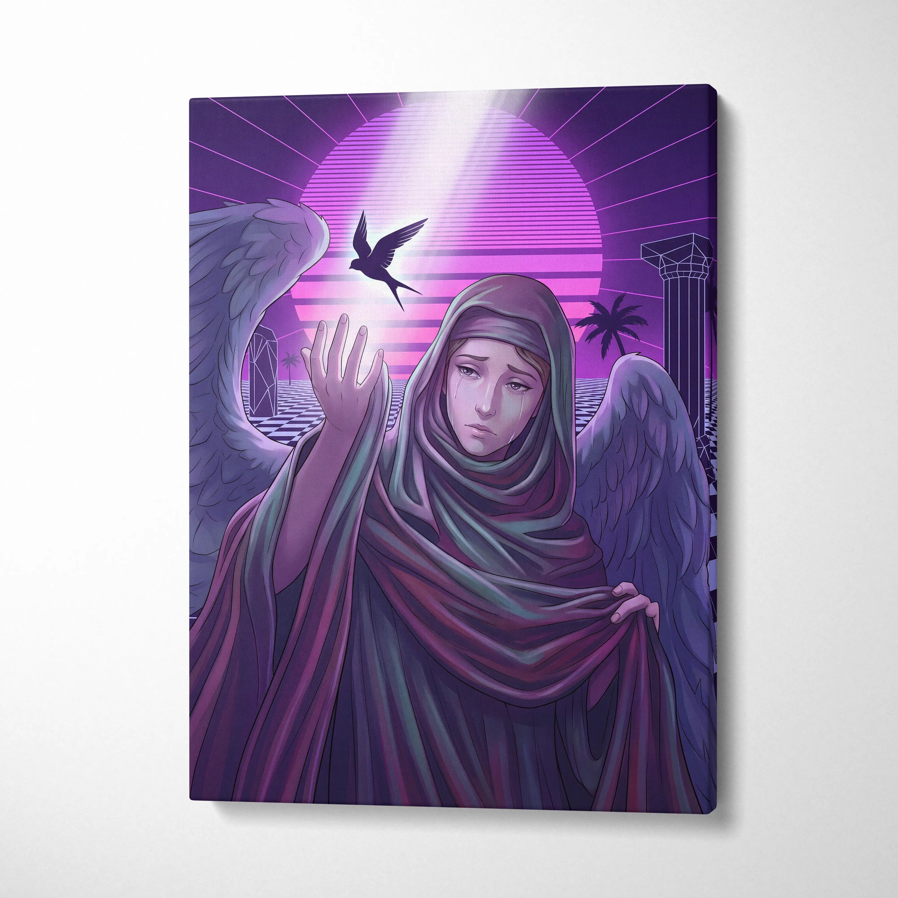 Vaporwave Neon Fantasy Canvas - Vaporwave Angel Neon Purple Living Room Retro-Futurism Dreamy Mystic Neo 80s Canvas
