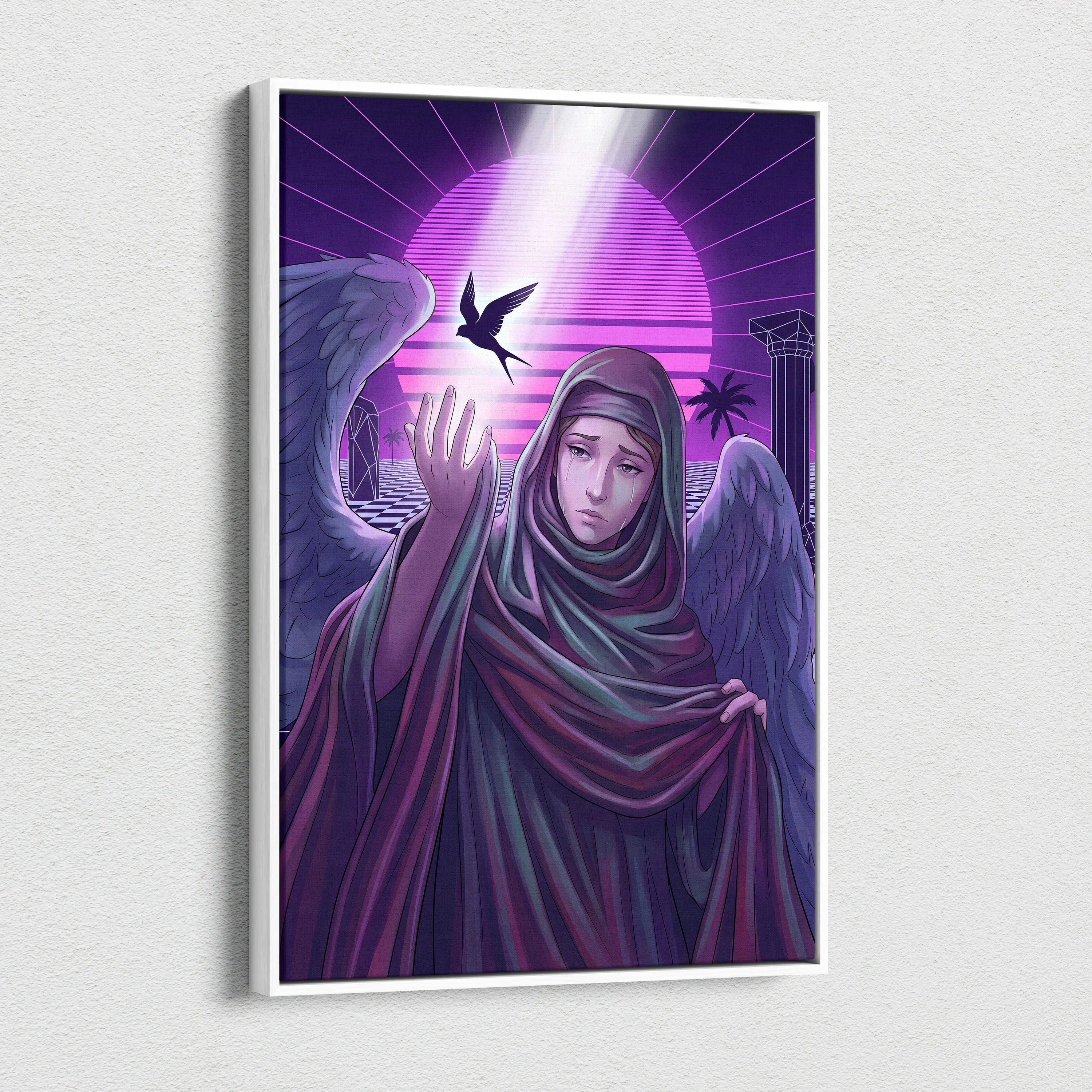 Vaporwave Neon Fantasy Canvas - Vaporwave Angel Neon Purple Living Room Retro-Futurism Dreamy Mystic Neo 80s Canvas