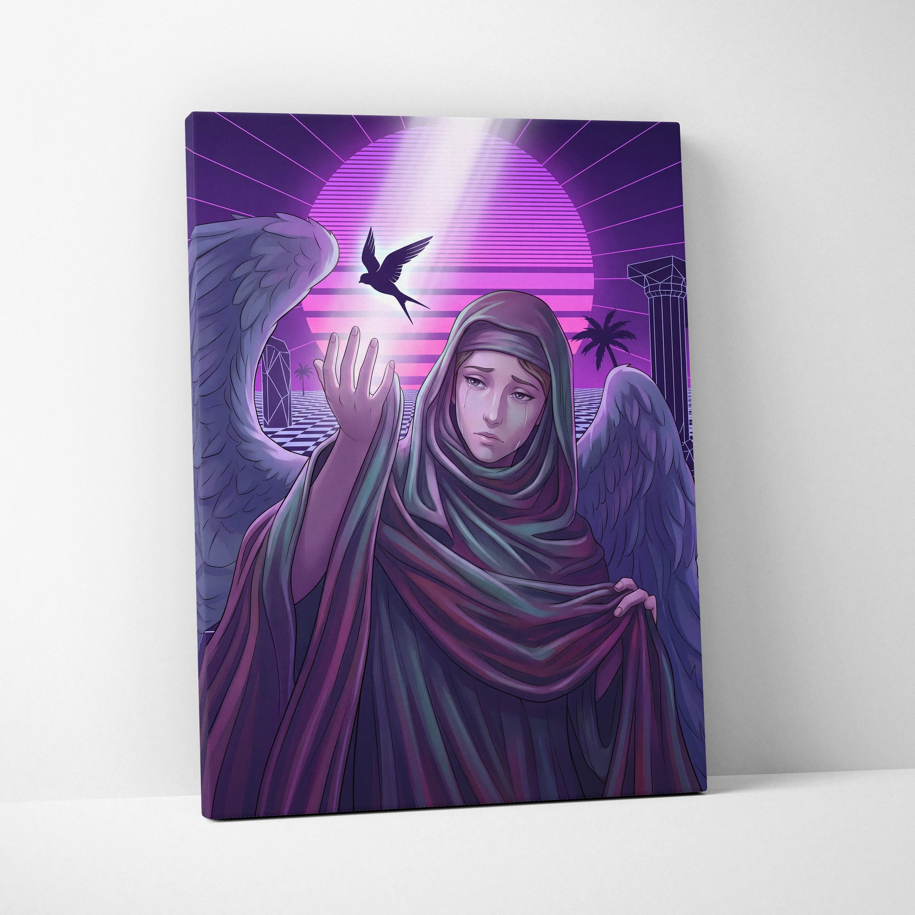 Vaporwave Neon Fantasy Canvas - Vaporwave Angel Neon Purple Living Room Retro-Futurism Dreamy Mystic Neo 80s Canvas
