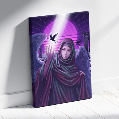 Vaporwave Neon Fantasy Canvas - Vaporwave Angel Neon Purple Living Room Retro-Futurism Dreamy Mystic Neo 80s Canvas