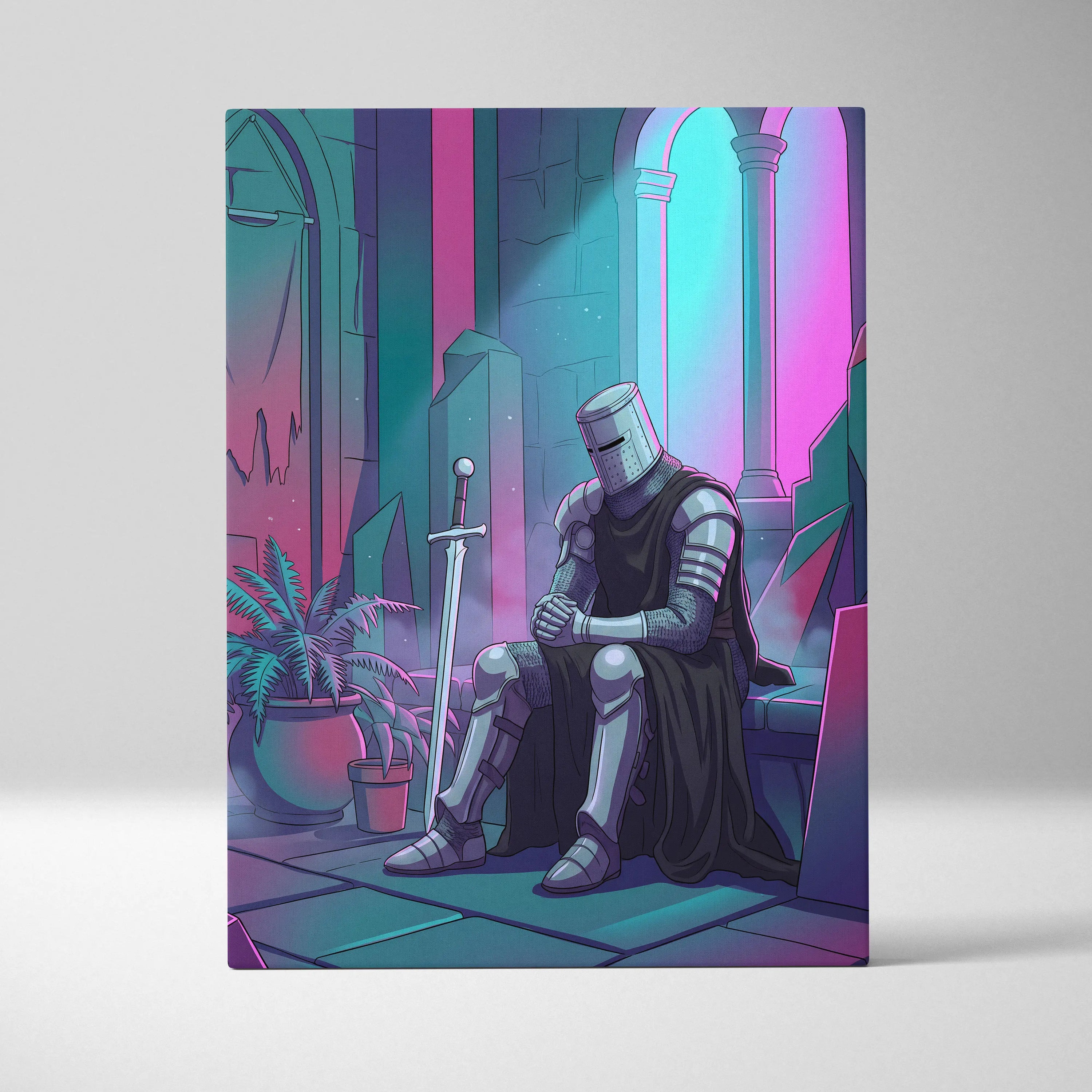 Neon Knight Vaporwave Canvas - Knight Neon Pink Teal Living Room Vaporwave Dreamy Vaporwave Retro Futurism Canvas Print