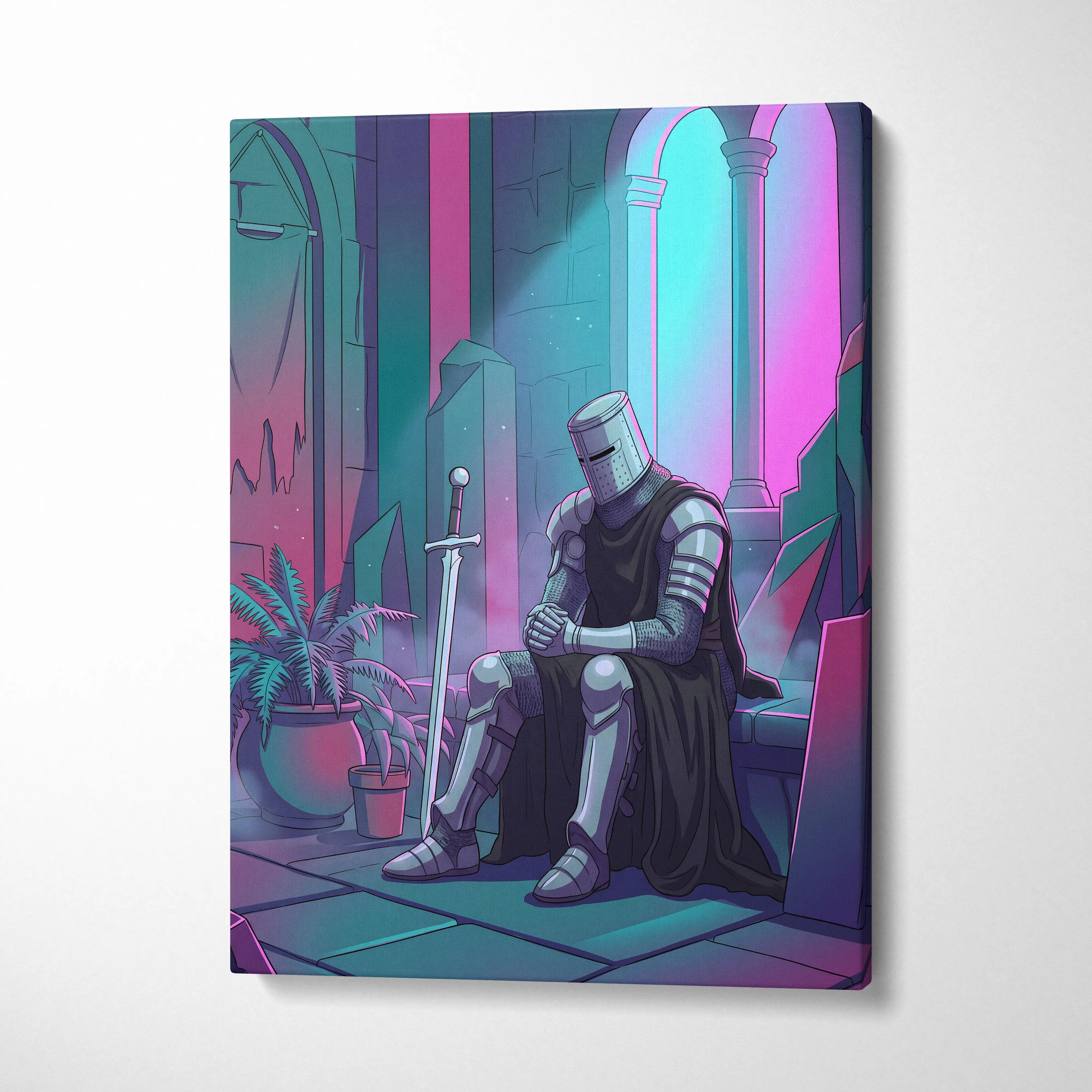 Neon Knight Vaporwave Canvas - Knight Neon Pink Teal Living Room Vaporwave Dreamy Vaporwave Retro Futurism Canvas Print