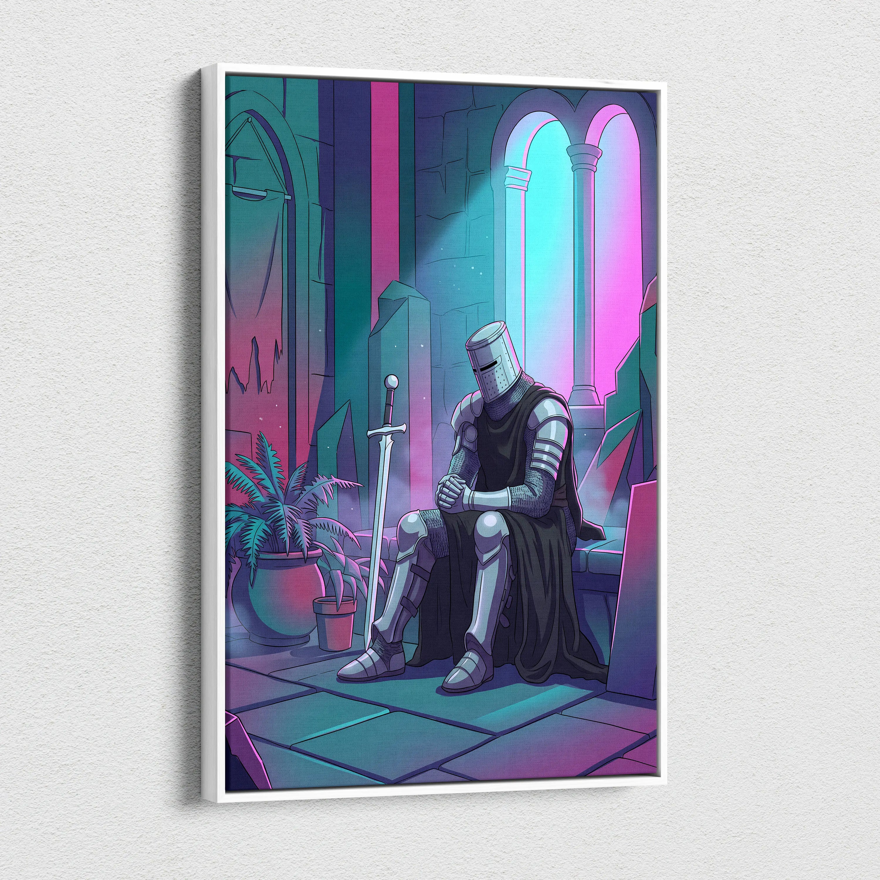 Neon Knight Vaporwave Canvas - Knight Neon Pink Teal Living Room Vaporwave Dreamy Vaporwave Retro Futurism Canvas Print