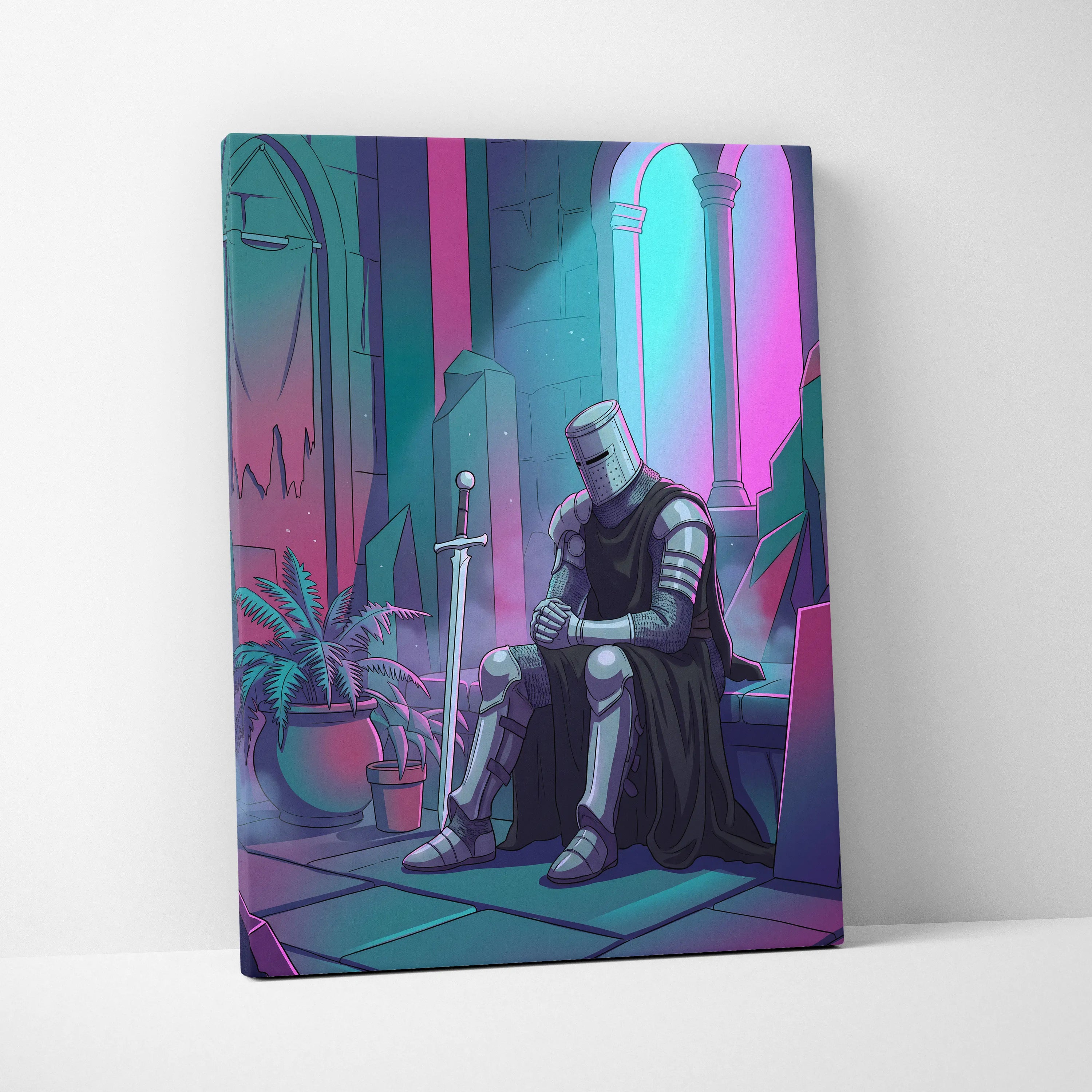 Neon Knight Vaporwave Canvas - Knight Neon Pink Teal Living Room Vaporwave Dreamy Vaporwave Retro Futurism Canvas Print