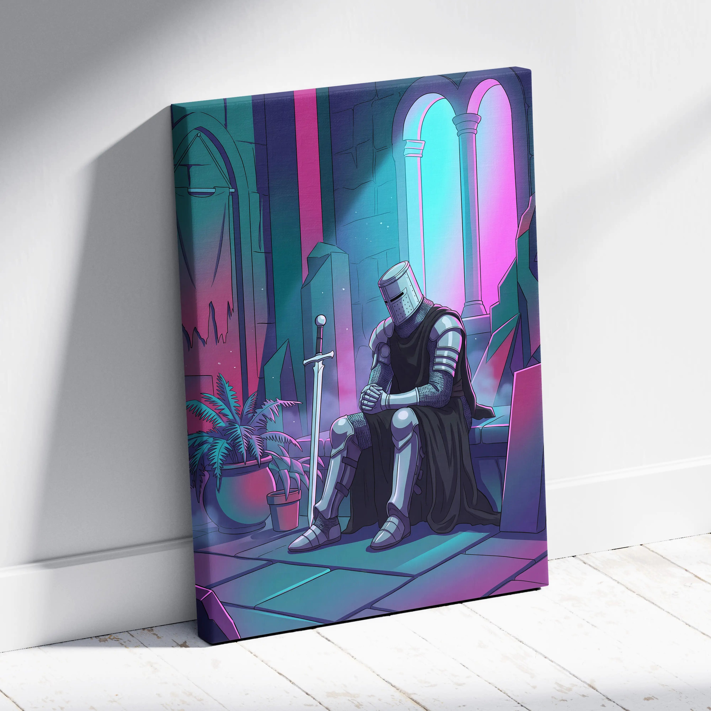 Neon Knight Vaporwave Canvas - Knight Neon Pink Teal Living Room Vaporwave Dreamy Vaporwave Retro Futurism Canvas Print