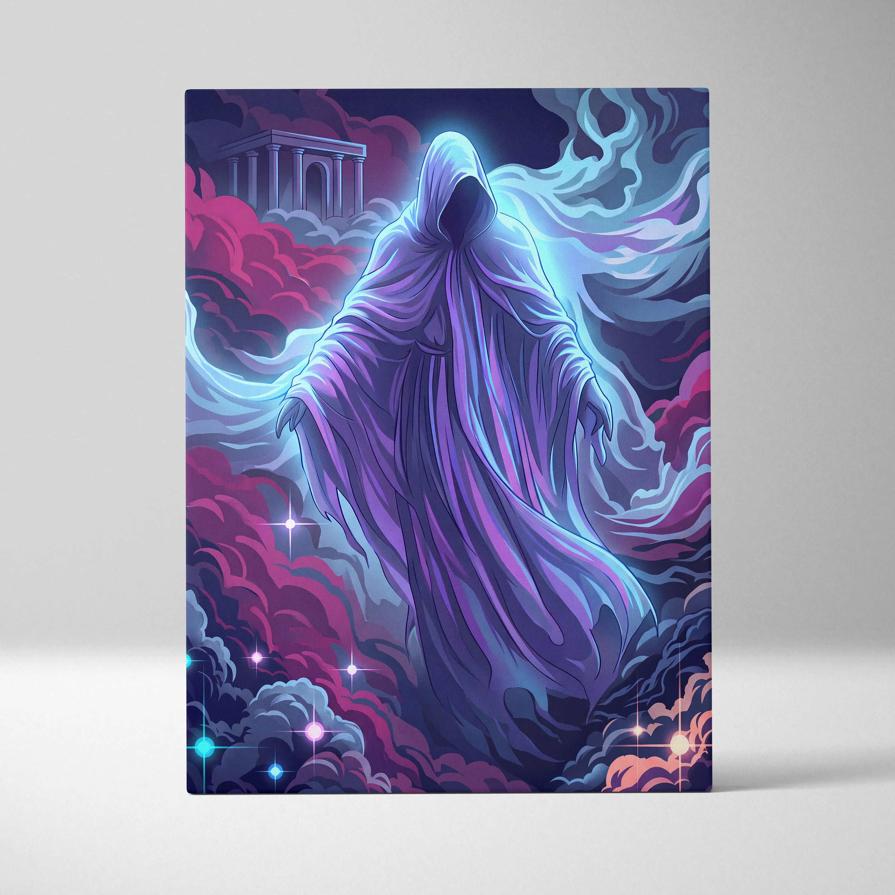 Vaporwave Neon Phantom Canvas - Hooded Figure Neon Blues Purples LivingRoom Vaporwave - Atmospheric Neon Wall Art Canvas