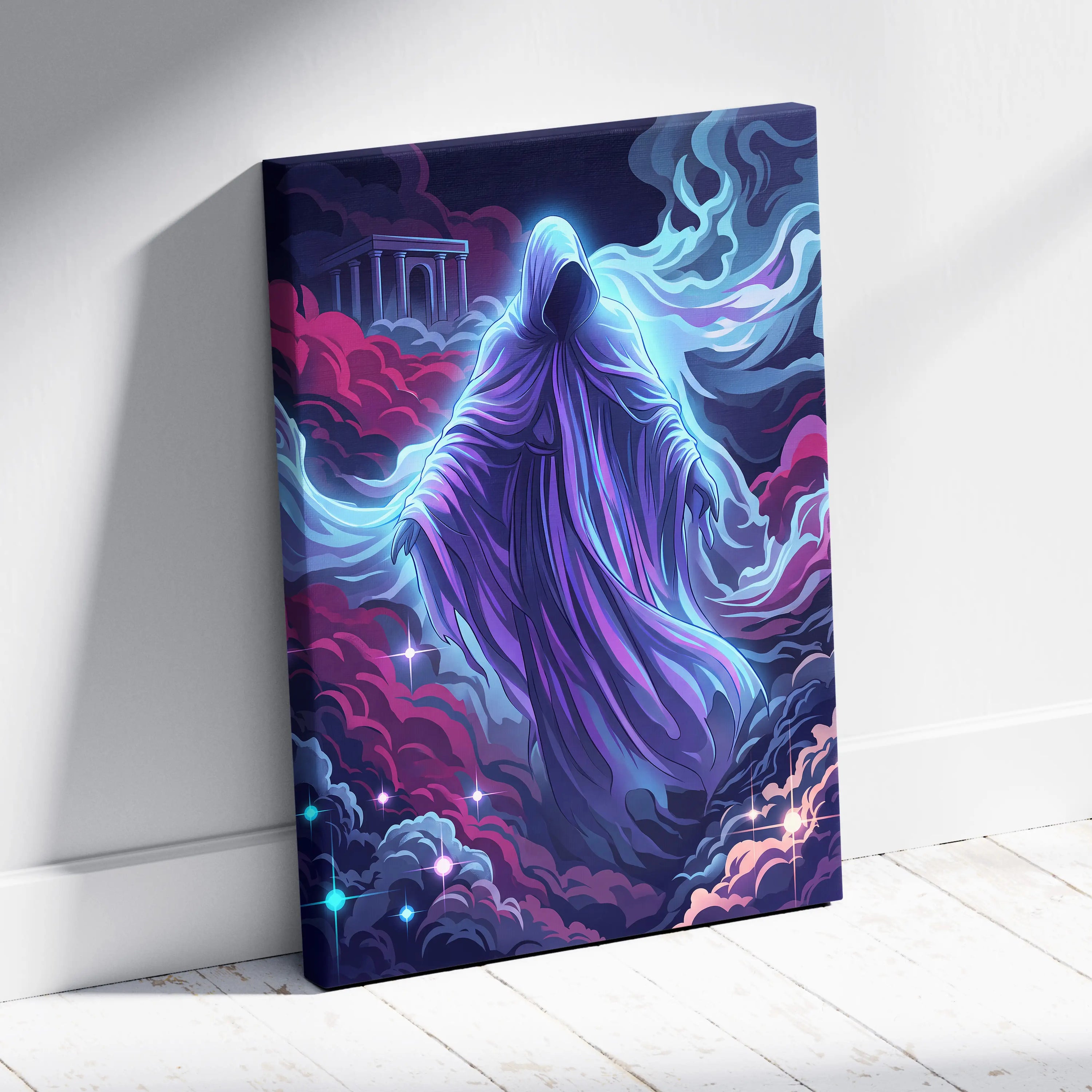 Vaporwave Neon Phantom Canvas - Hooded Figure Neon Blues Purples LivingRoom Vaporwave - Atmospheric Neon Wall Art Canvas