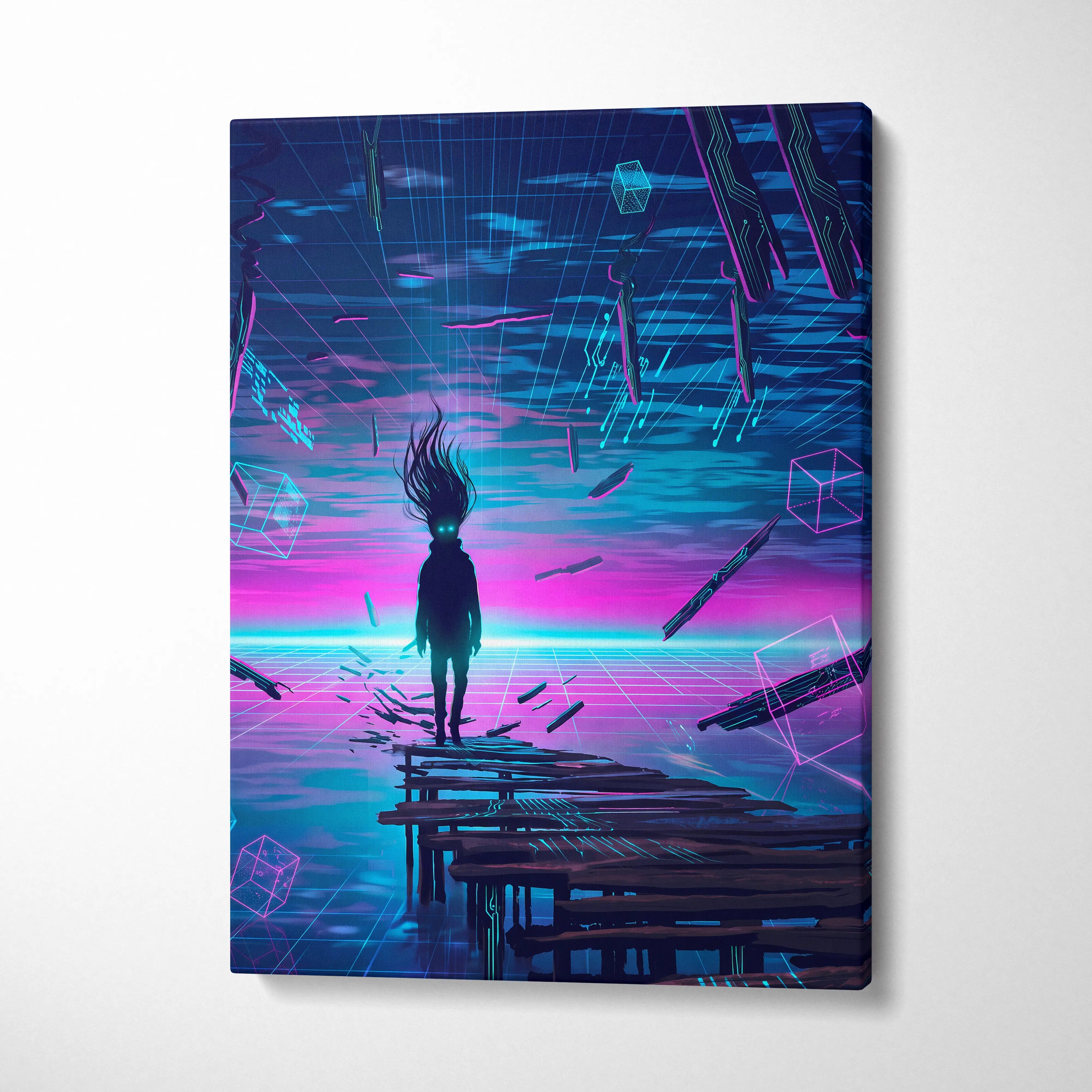 Vaporwave Neon Dream Canvas - Vaporwave Fantasy Neon Pink Blue Purple Living Room Decor Digital Surreal Art