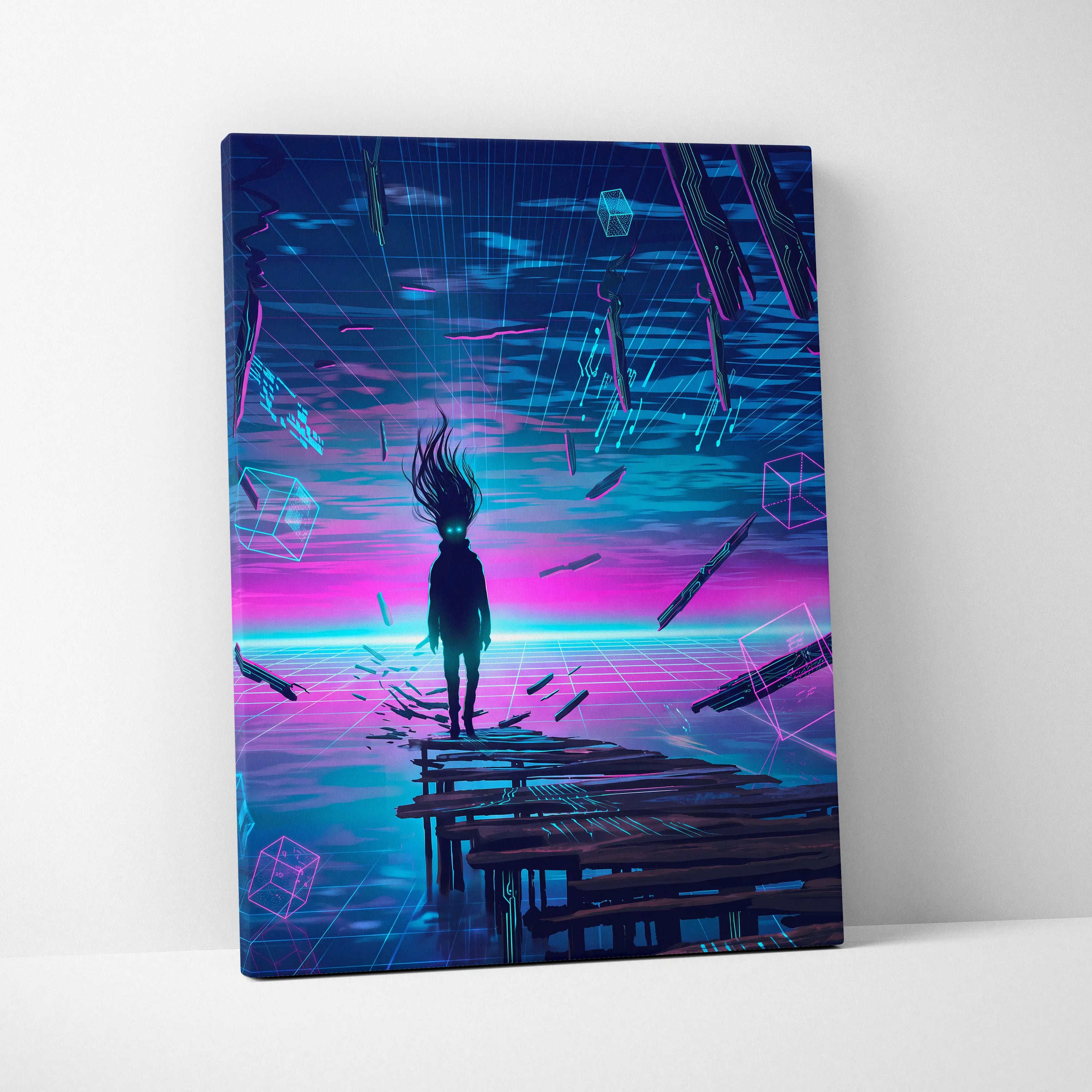 Vaporwave Neon Dream Canvas - Vaporwave Fantasy Neon Pink Blue Purple Living Room Decor Digital Surreal Art