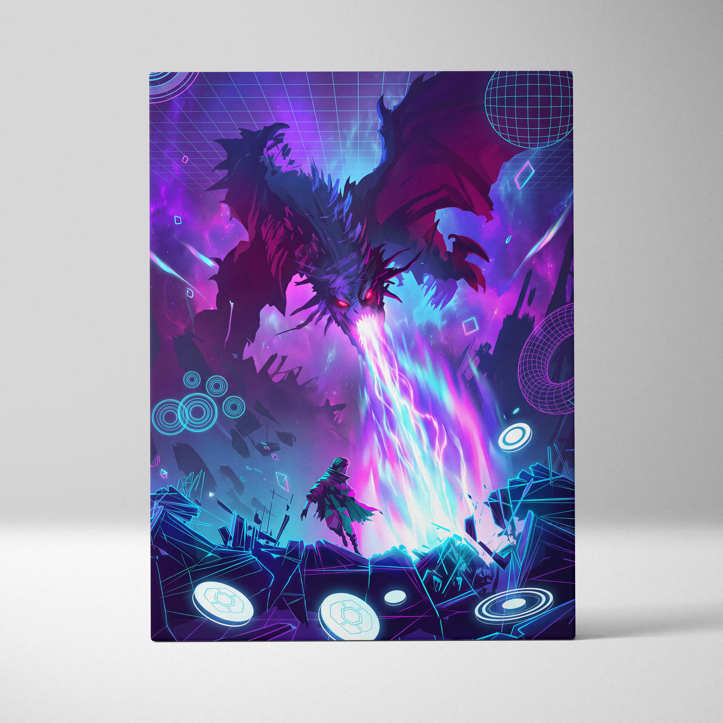 Neon Dragon Vaporwave Canvas - Dragon Neon Purple Pink Living Room Vaporwave Moody Surreal Neon Decor Canvas Print