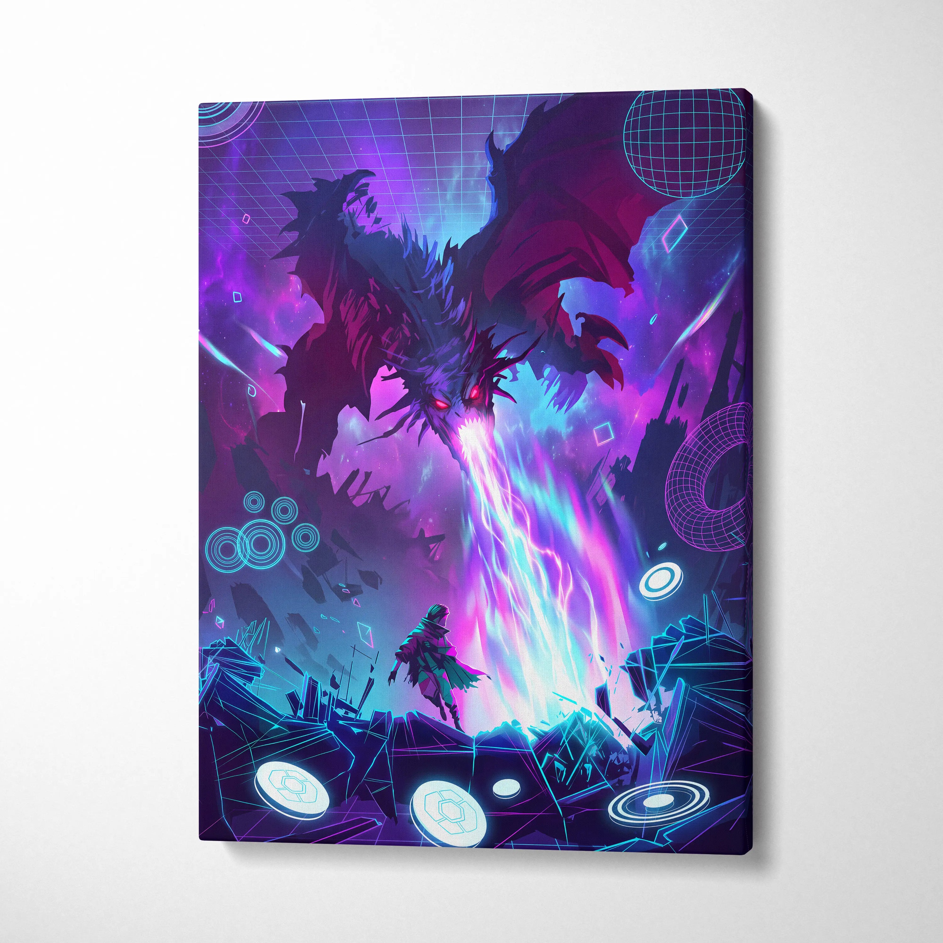 Neon Dragon Vaporwave Canvas - Dragon Neon Purple Pink Living Room Vaporwave Moody Surreal Neon Decor Canvas Print