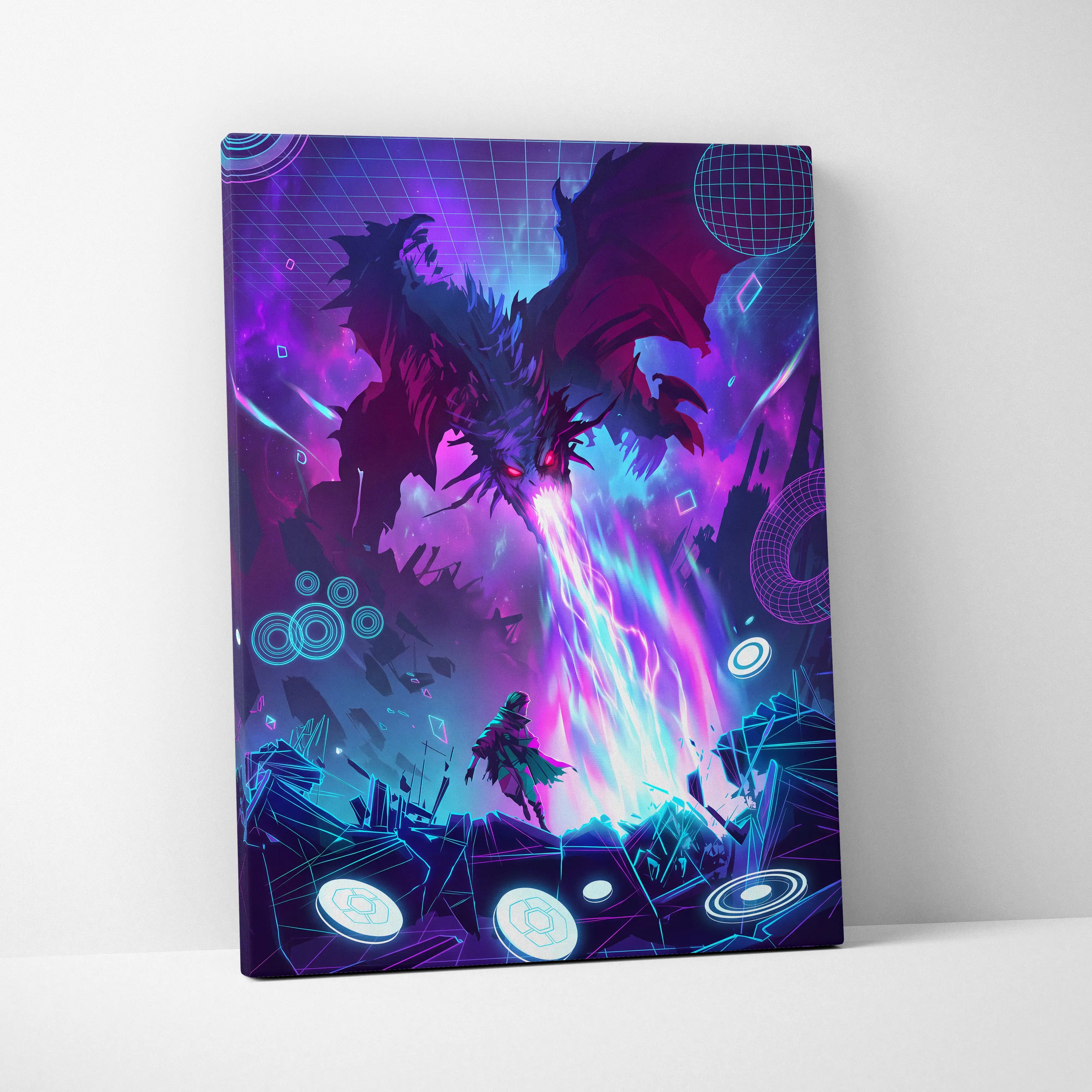 Neon Dragon Vaporwave Canvas - Dragon Neon Purple Pink Living Room Vaporwave Moody Surreal Neon Decor Canvas Print