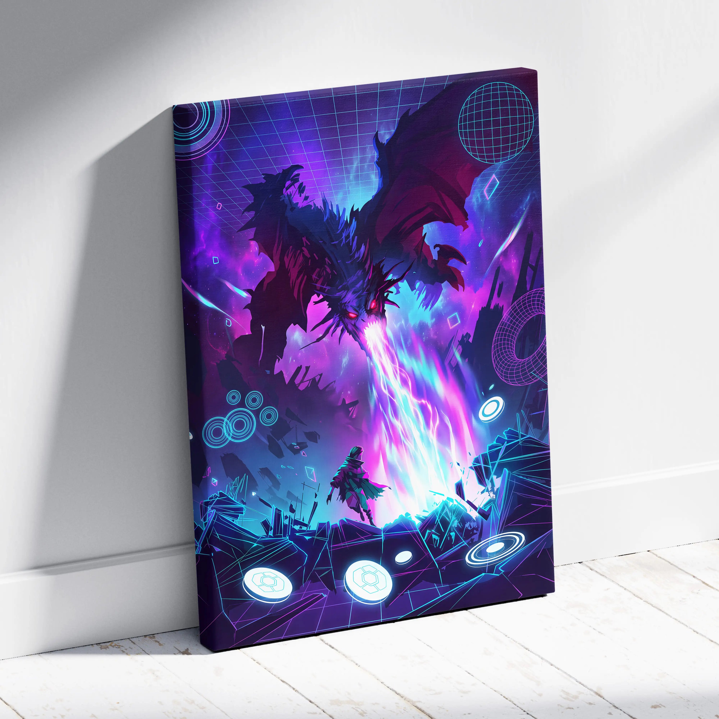 Neon Dragon Vaporwave Canvas - Dragon Neon Purple Pink Living Room Vaporwave Moody Surreal Neon Decor Canvas Print