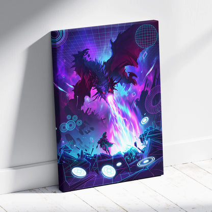 Neon Dragon Vaporwave Canvas - Dragon Neon Purple Pink Living Room Vaporwave Moody Surreal Neon Decor Canvas Print