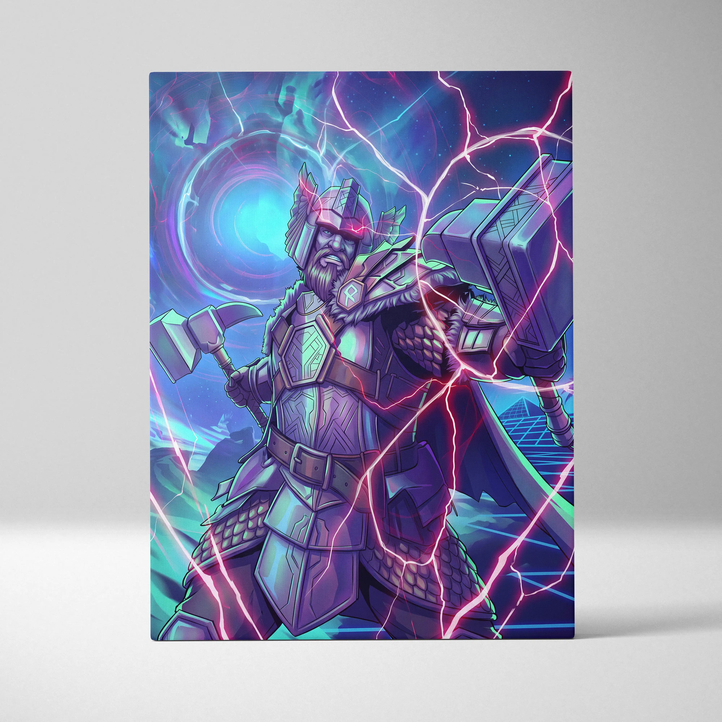 Vaporwave Neon Fantasy Canvas - Mythic Warrior Neon Teal Pink Energetic Retro-Futurist Synthwave Neon Art Canvas Print