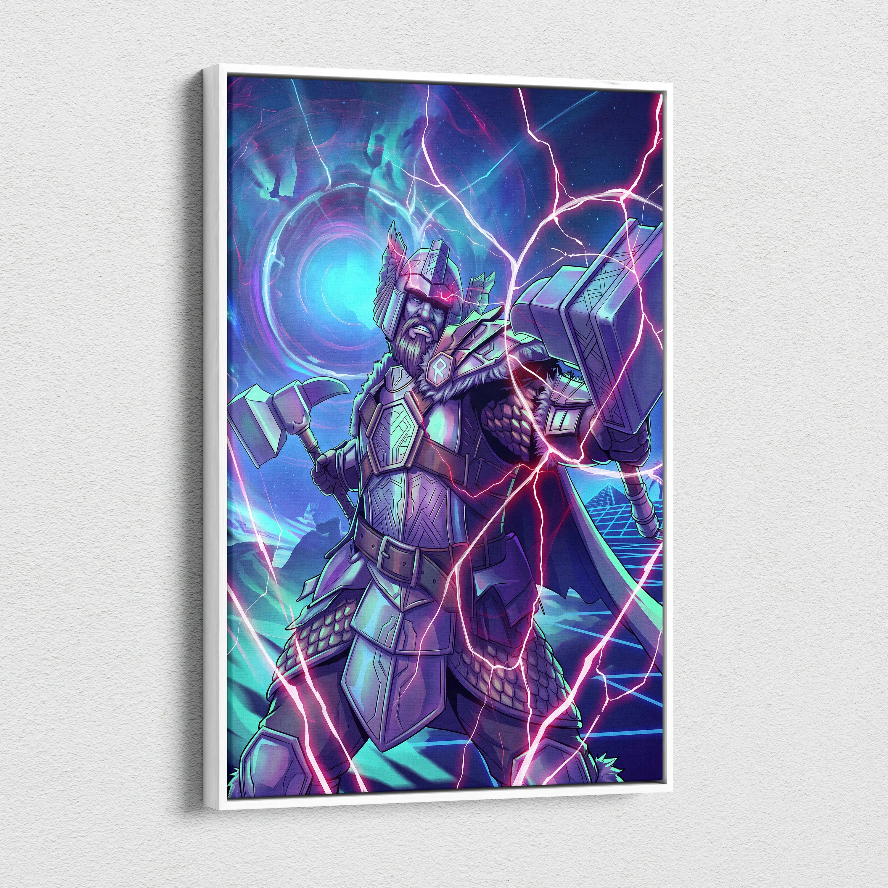 Vaporwave Neon Fantasy Canvas - Mythic Warrior Neon Teal Pink Energetic Retro-Futurist Synthwave Neon Art Canvas Print