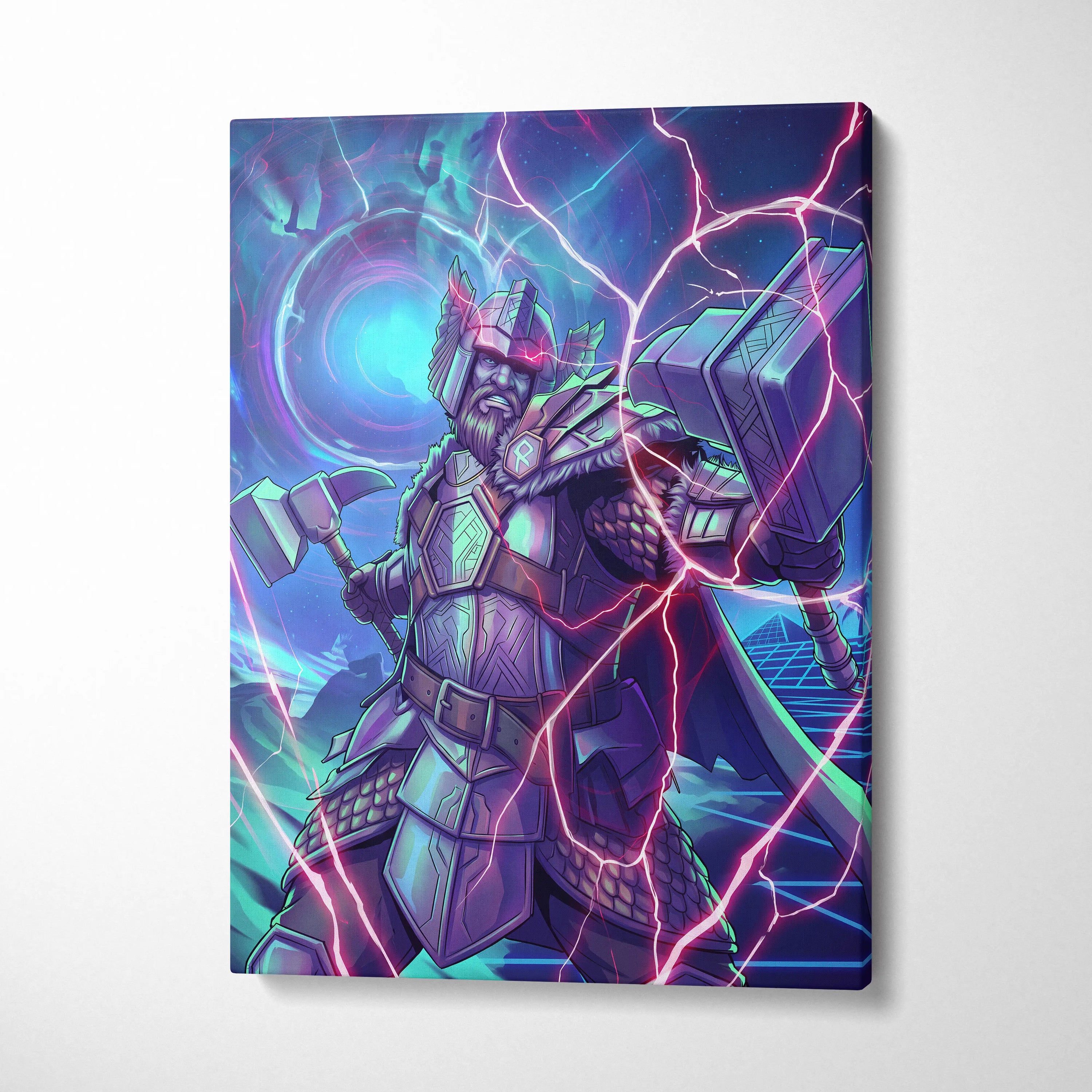 Vaporwave Neon Fantasy Canvas - Mythic Warrior Neon Teal Pink Energetic Retro-Futurist Synthwave Neon Art Canvas Print