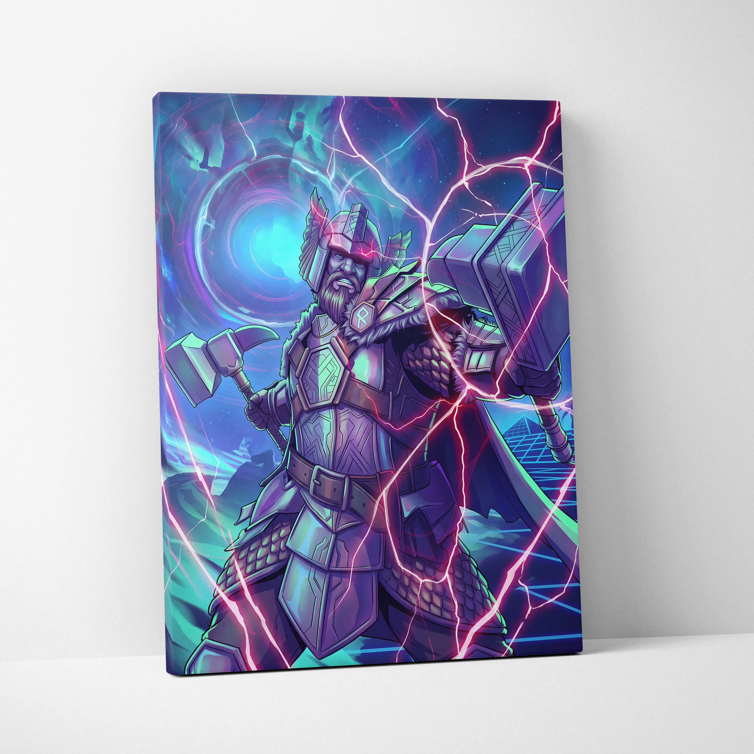 Vaporwave Neon Fantasy Canvas - Mythic Warrior Neon Teal Pink Energetic Retro-Futurist Synthwave Neon Art Canvas Print