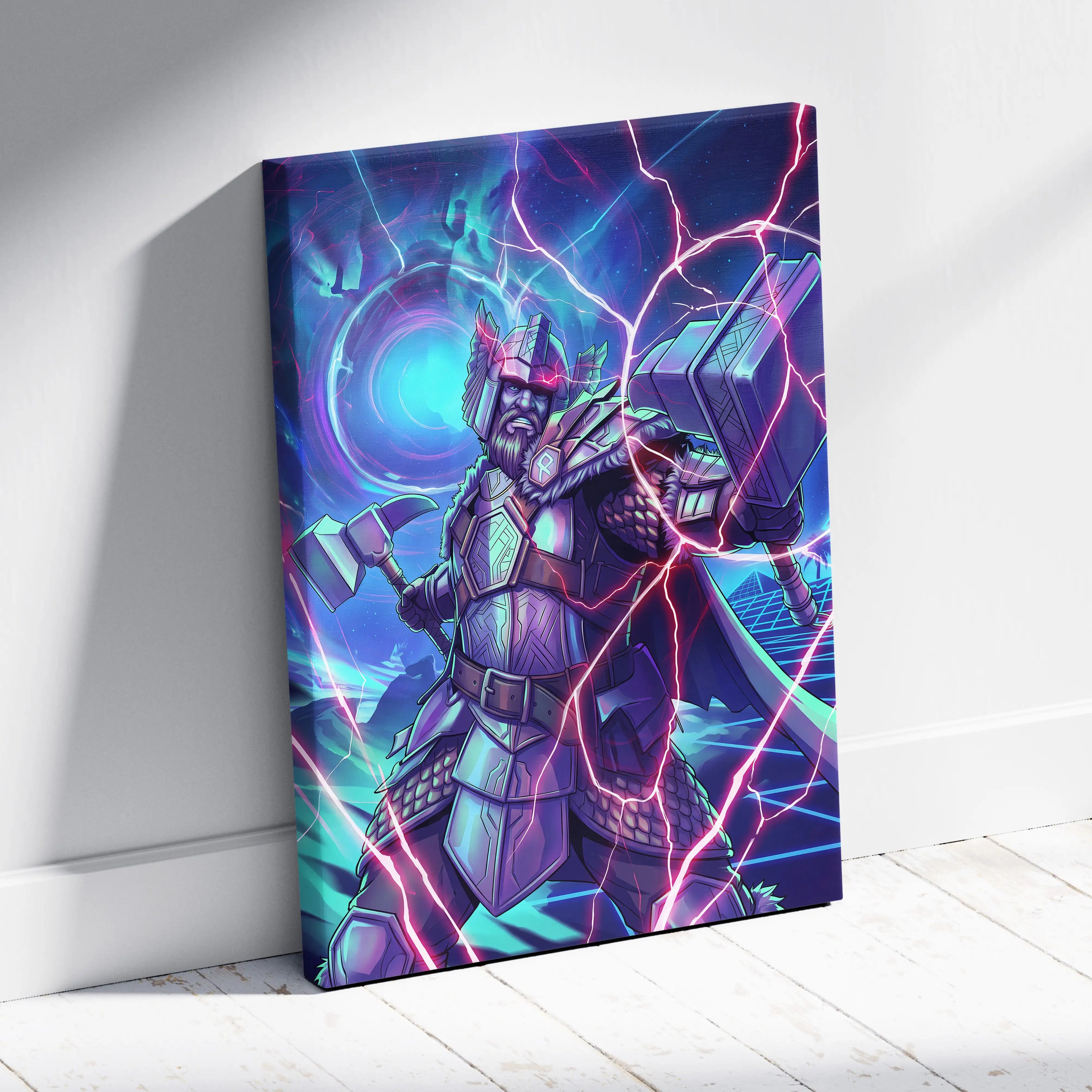 Vaporwave Neon Fantasy Canvas - Mythic Warrior Neon Teal Pink Energetic Retro-Futurist Synthwave Neon Art Canvas Print