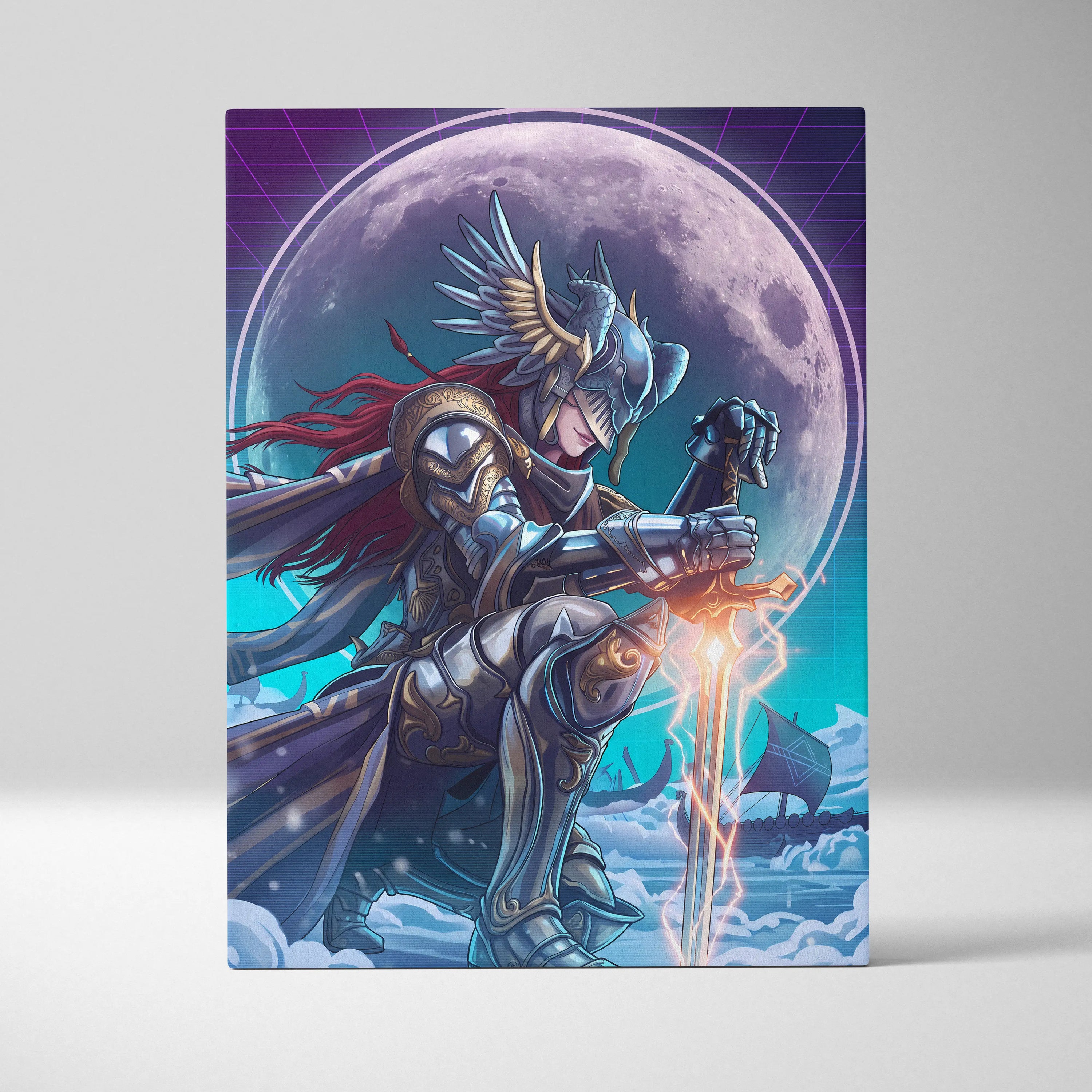 Neon Moon Warrior Canvas - Fantasy Warrior Neon Purple Bedroom Vaporwave Dreamy Vaporwave Mood Decor Canvas Print