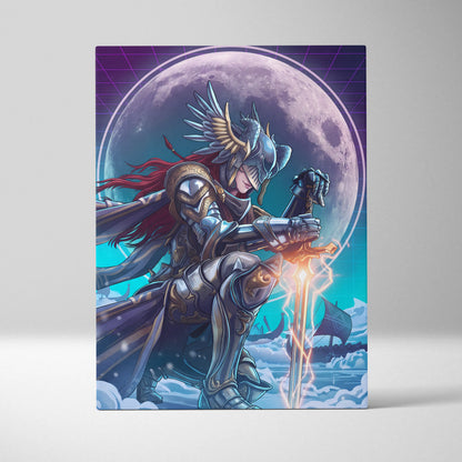 Neon Moon Warrior Canvas - Fantasy Warrior Neon Purple Bedroom Vaporwave Dreamy Vaporwave Mood Decor Canvas Print