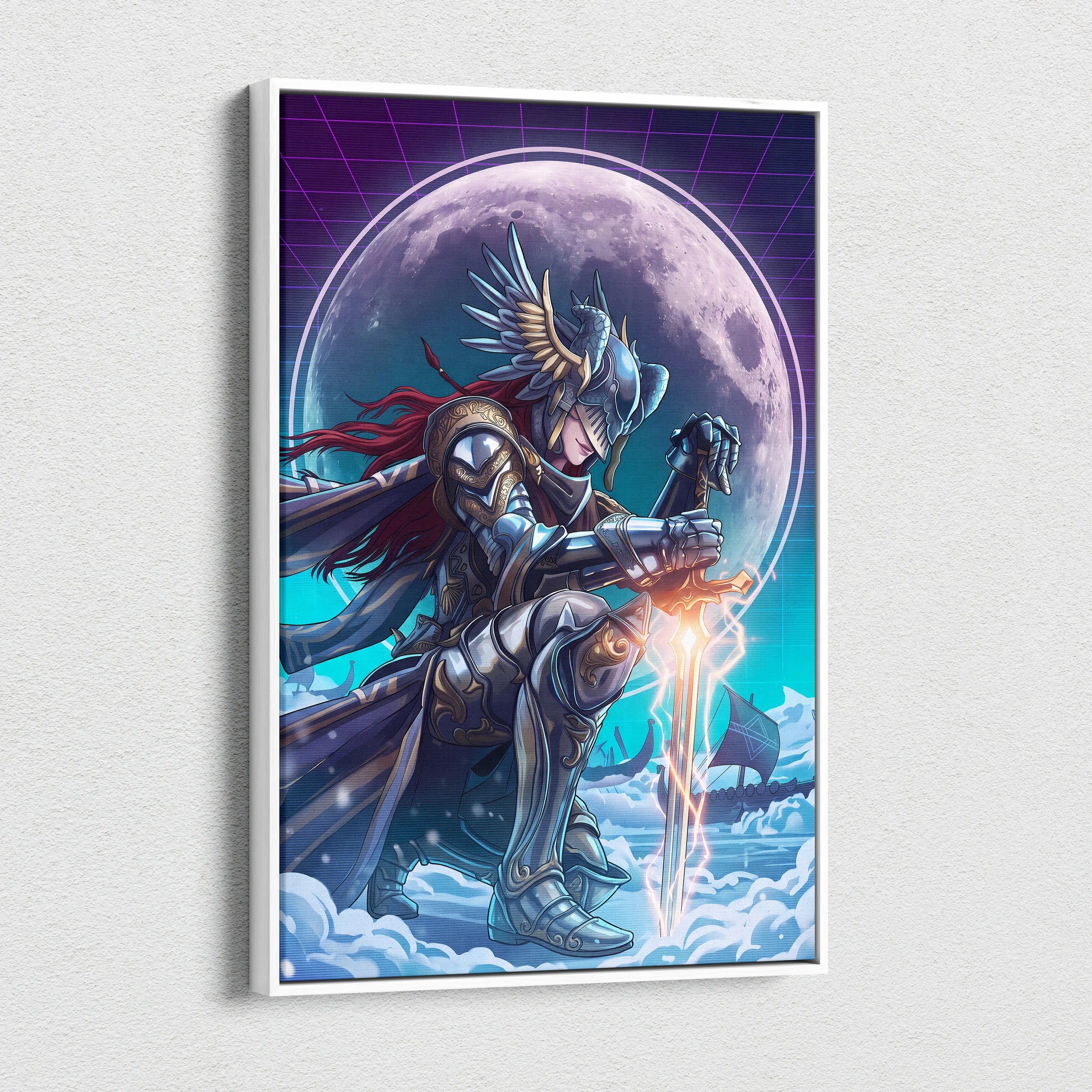 Neon Moon Warrior Canvas - Fantasy Warrior Neon Purple Bedroom Vaporwave Dreamy Vaporwave Mood Decor Canvas Print