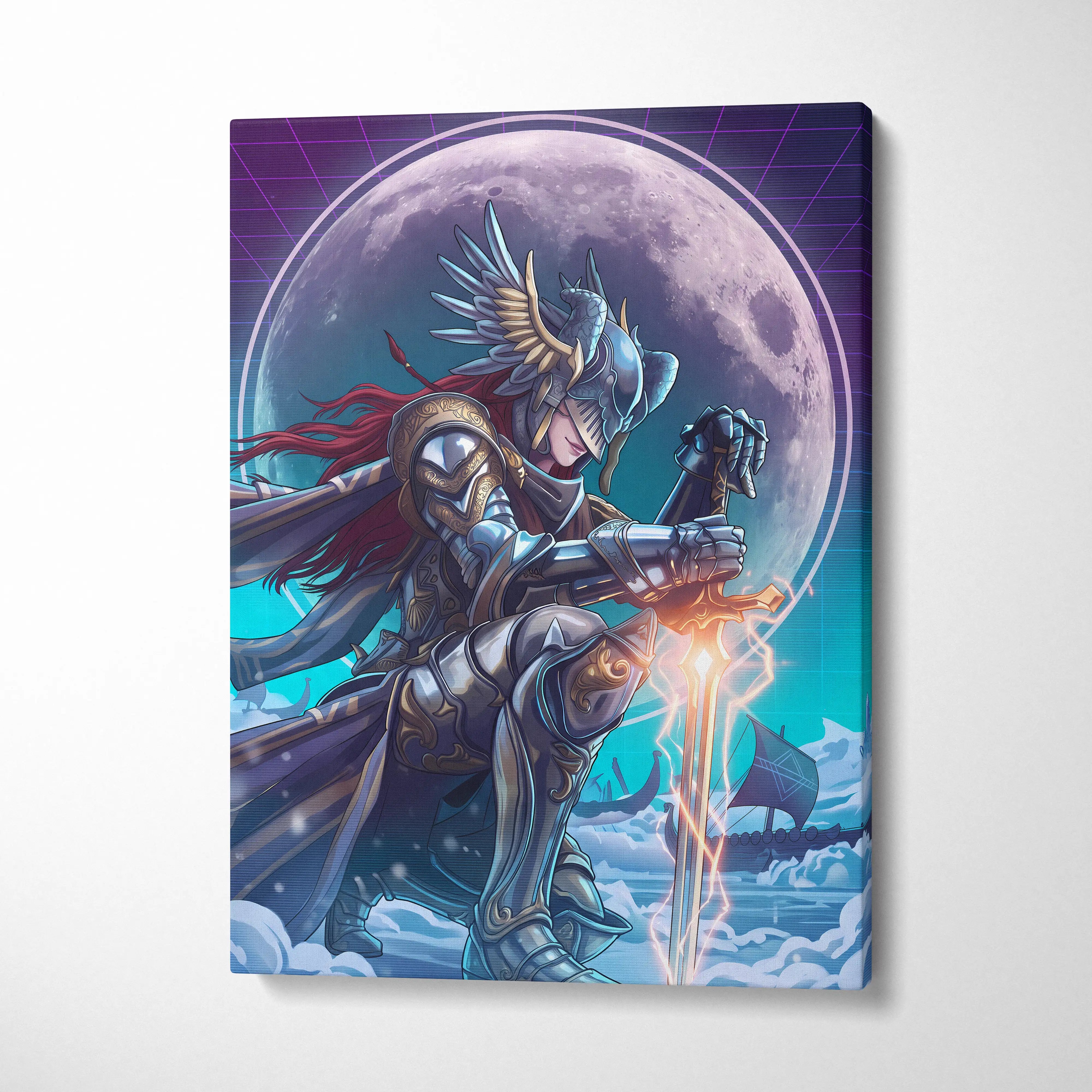 Neon Moon Warrior Canvas - Fantasy Warrior Neon Purple Bedroom Vaporwave Dreamy Vaporwave Mood Decor Canvas Print