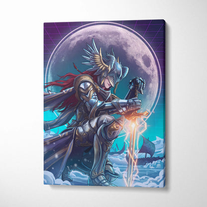 Neon Moon Warrior Canvas - Fantasy Warrior Neon Purple Bedroom Vaporwave Dreamy Vaporwave Mood Decor Canvas Print