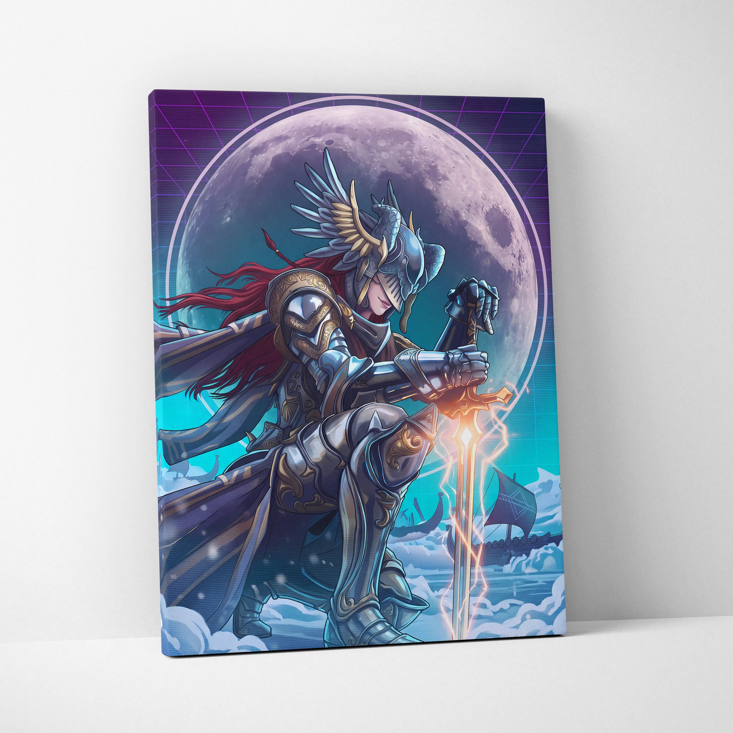 Neon Moon Warrior Canvas - Fantasy Warrior Neon Purple Bedroom Vaporwave Dreamy Vaporwave Mood Decor Canvas Print