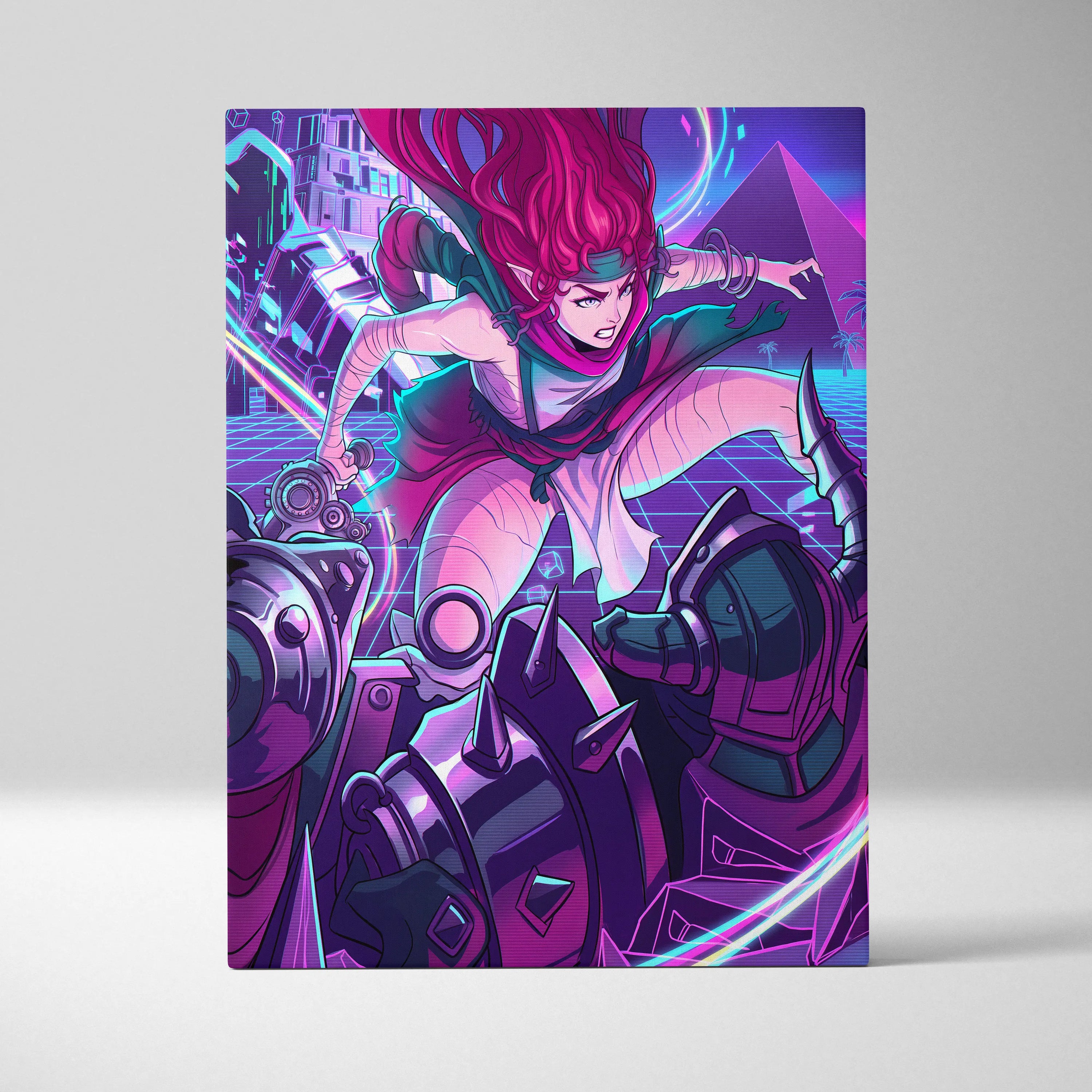 Vaporwave Neon Dreamscape Canvas - Neon Warrior Pink Purple Teal Room Vaporwave Moody Retro-Futurism Wall Art Canvas