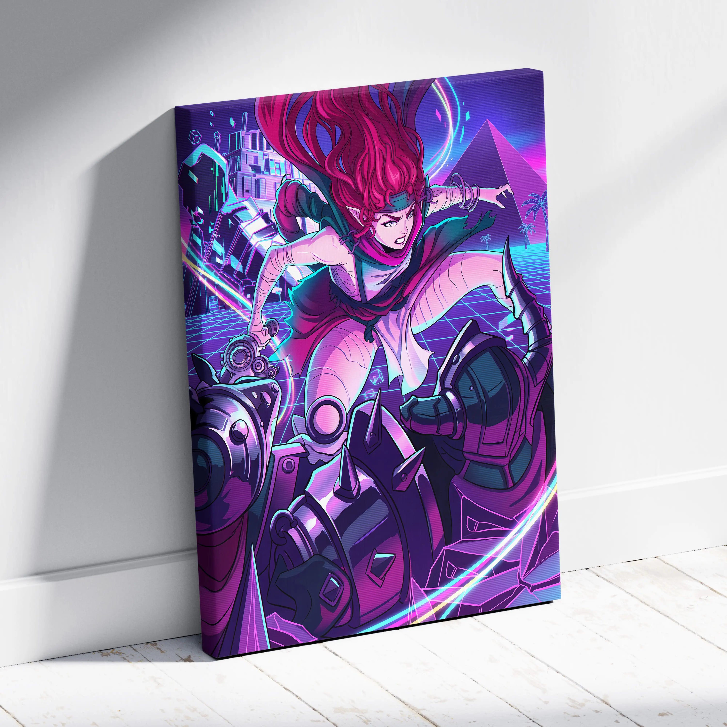 Vaporwave Neon Dreamscape Canvas - Neon Warrior Pink Purple Teal Room Vaporwave Moody Retro-Futurism Wall Art Canvas