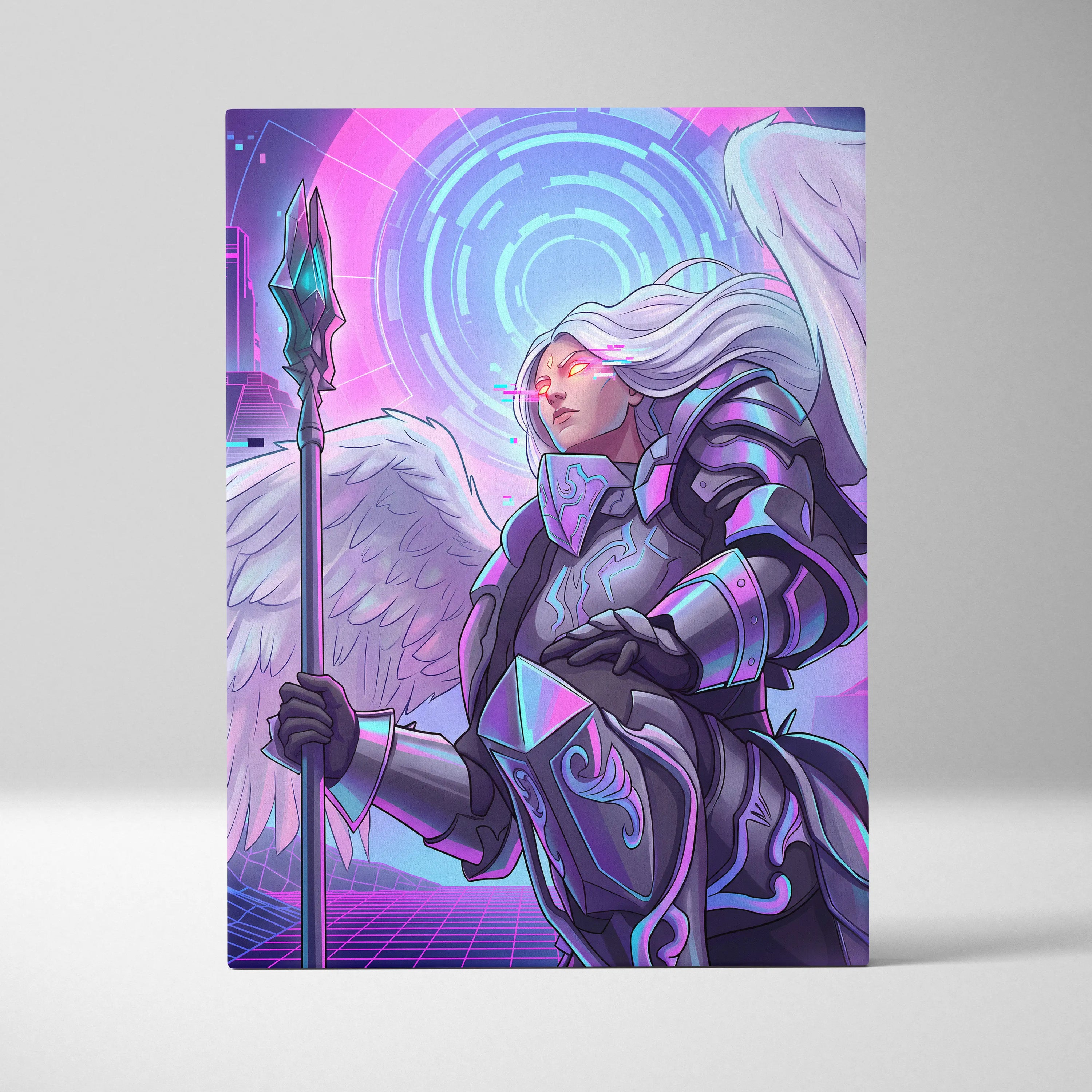 Vaporwave Neon Dream Canvas - Winged Valkyrie Neon Pink Blue Living Room Vaporwave Dreamy RetroFuturism Cyberpunk Canvas