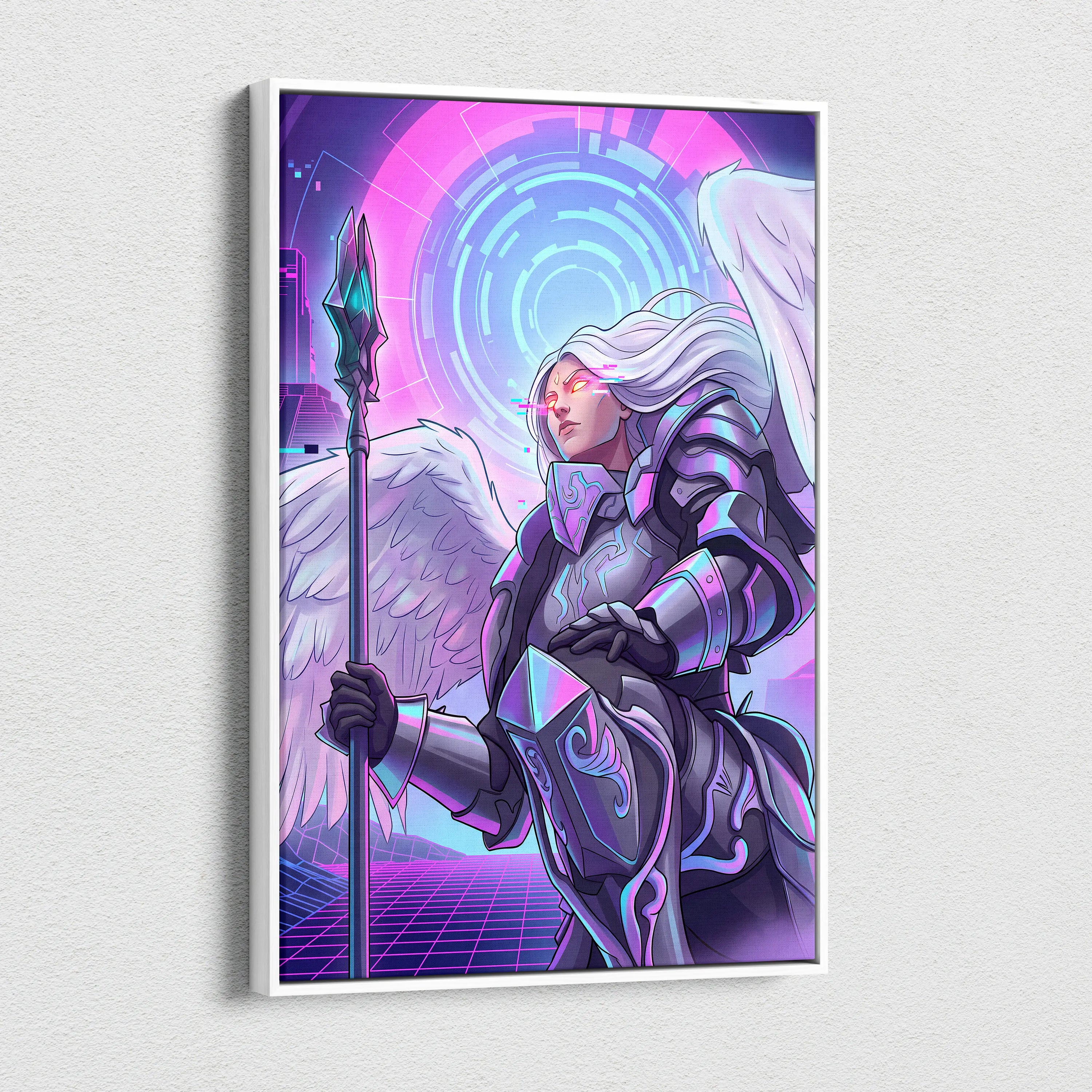 Vaporwave Neon Dream Canvas - Winged Valkyrie Neon Pink Blue Living Room Vaporwave Dreamy RetroFuturism Cyberpunk Canvas