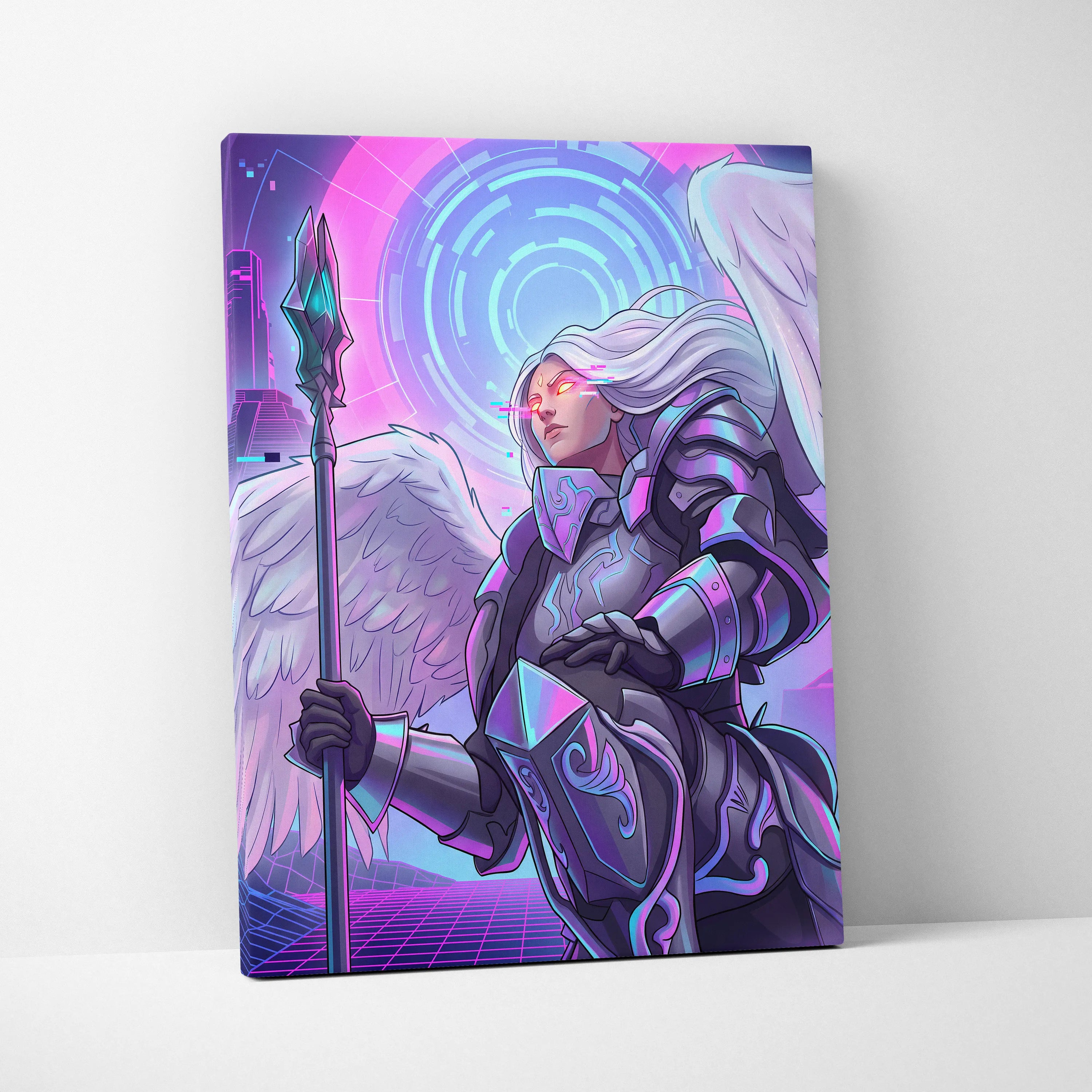 Vaporwave Neon Dream Canvas - Winged Valkyrie Neon Pink Blue Living Room Vaporwave Dreamy RetroFuturism Cyberpunk Canvas