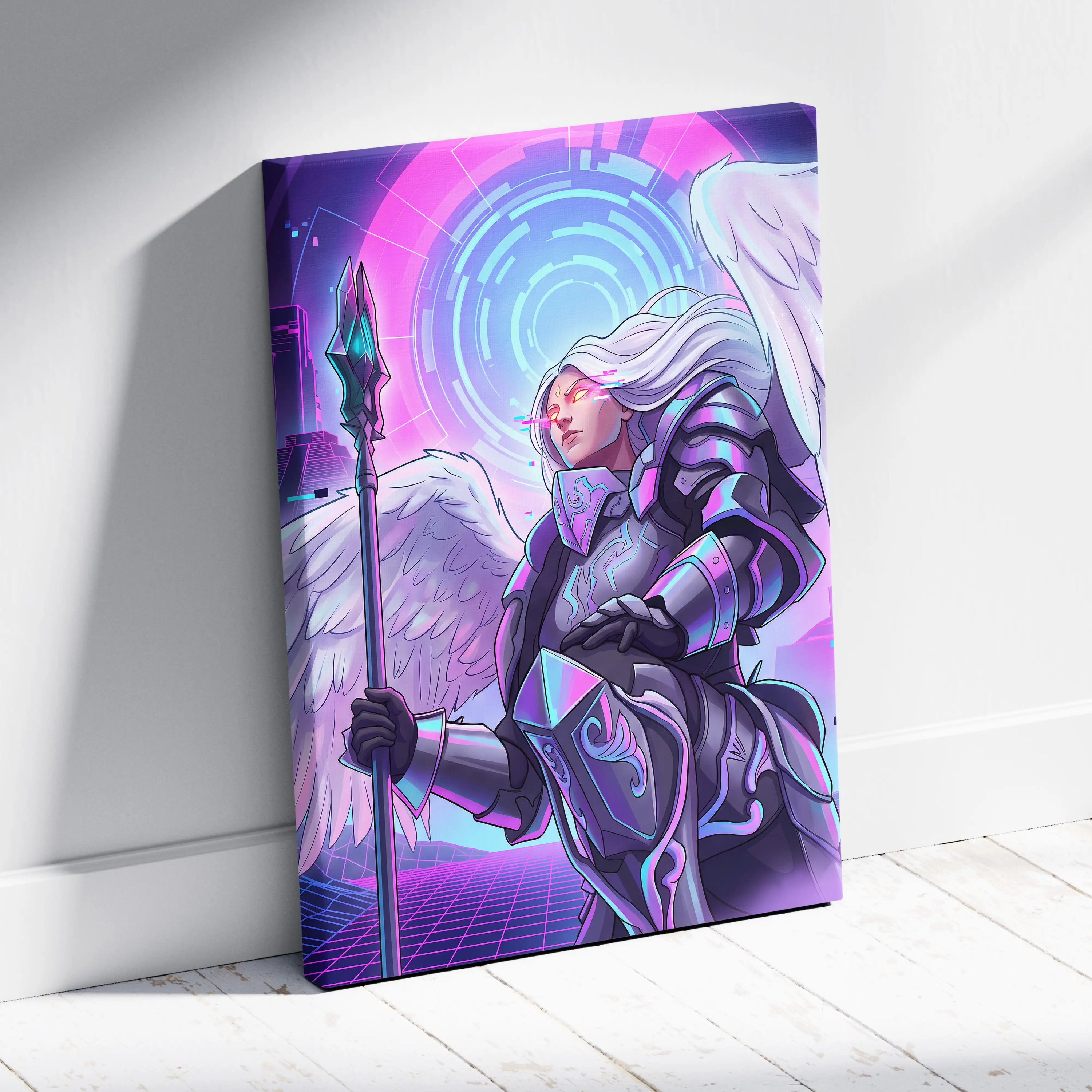 Vaporwave Neon Dream Canvas - Winged Valkyrie Neon Pink Blue Living Room Vaporwave Dreamy RetroFuturism Cyberpunk Canvas
