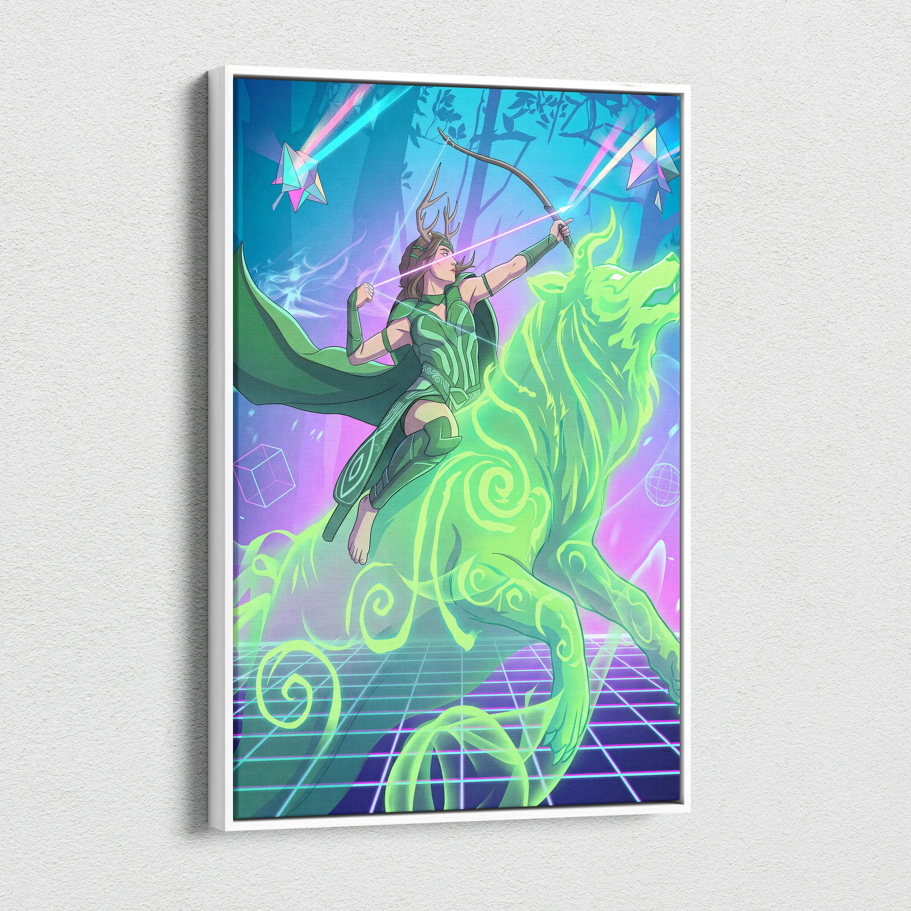 Vaporwave Archer Goddess Neon Canvas - Vaporwave Archer Goddess Neon Cyan Magenta Lime Green Living Room Futurism Mystical Mood Vaporwave Art Canvas