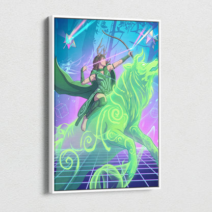 Vaporwave Archer Goddess Neon Canvas - Vaporwave Archer Goddess Neon Cyan Magenta Lime Green Living Room Futurism Mystical Mood Vaporwave Art Canvas