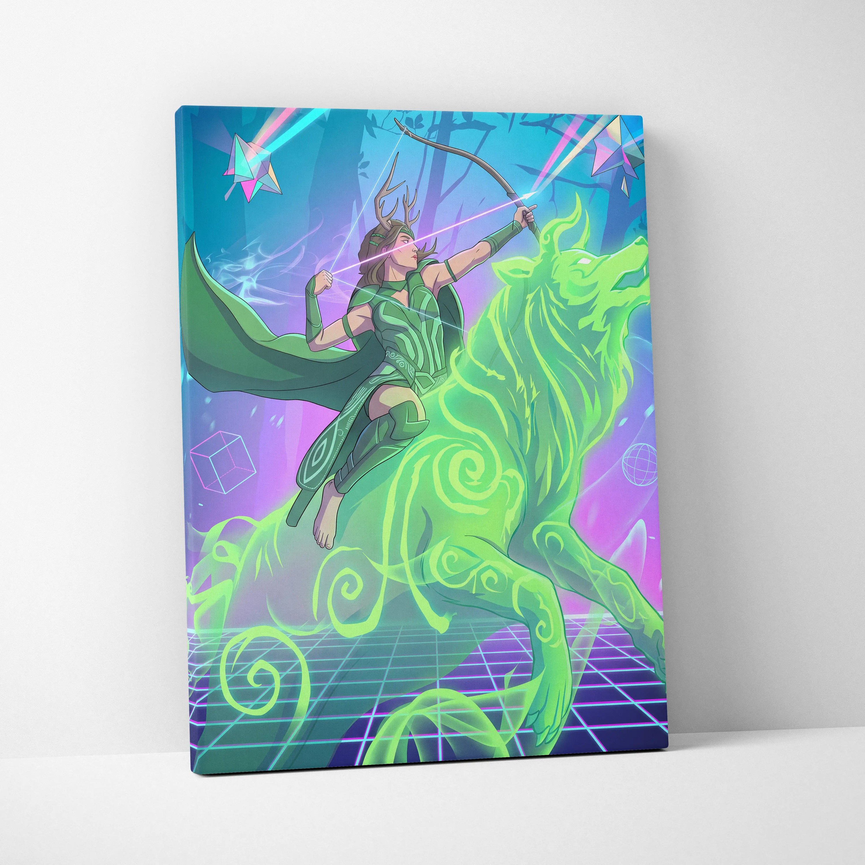 Vaporwave Archer Goddess Neon Canvas - Vaporwave Archer Goddess Neon Cyan Magenta Lime Green Living Room Futurism Mystical Mood Vaporwave Art Canvas