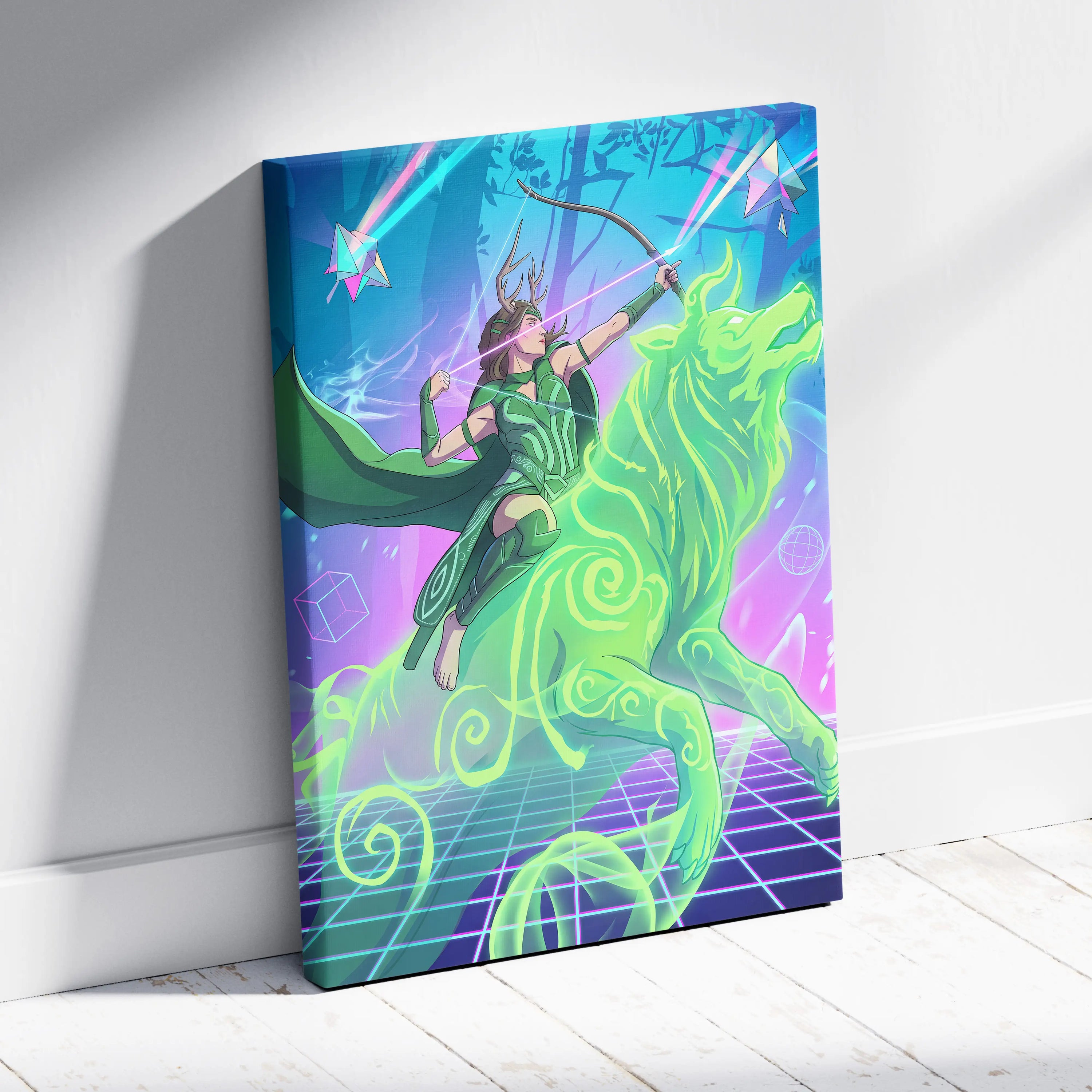 Vaporwave Archer Goddess Neon Canvas - Vaporwave Archer Goddess Neon Cyan Magenta Lime Green Living Room Futurism Mystical Mood Vaporwave Art Canvas