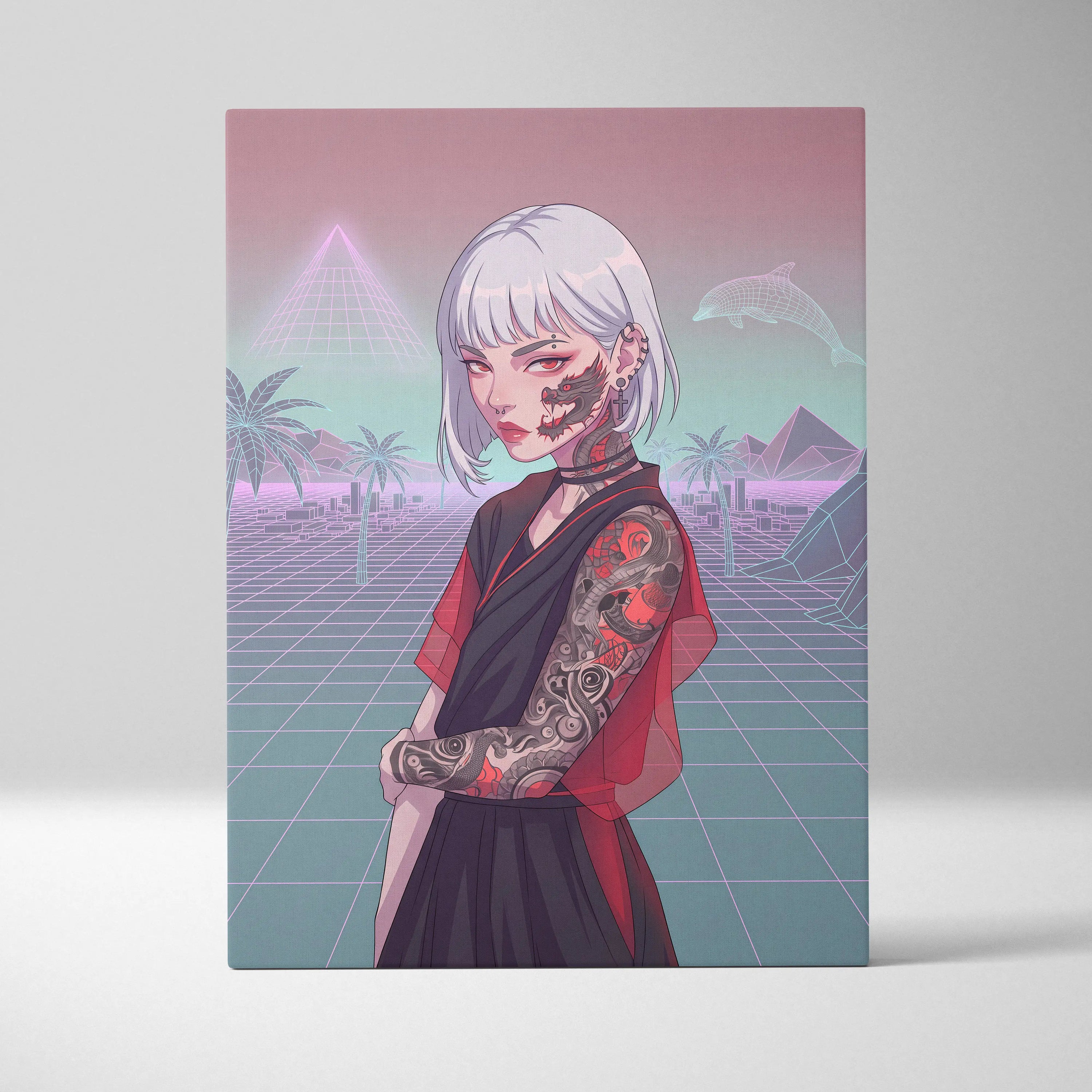 Vaporwave Neon Portrait Canvas - Female Vaporwave Character Neon Pink Teal Bedroom Decor Dreamy Retro Futurism Canvas