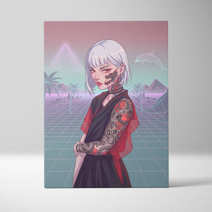 Vaporwave Neon Portrait Canvas - Female Vaporwave Character Neon Pink Teal Bedroom Decor Dreamy Retro Futurism Canvas