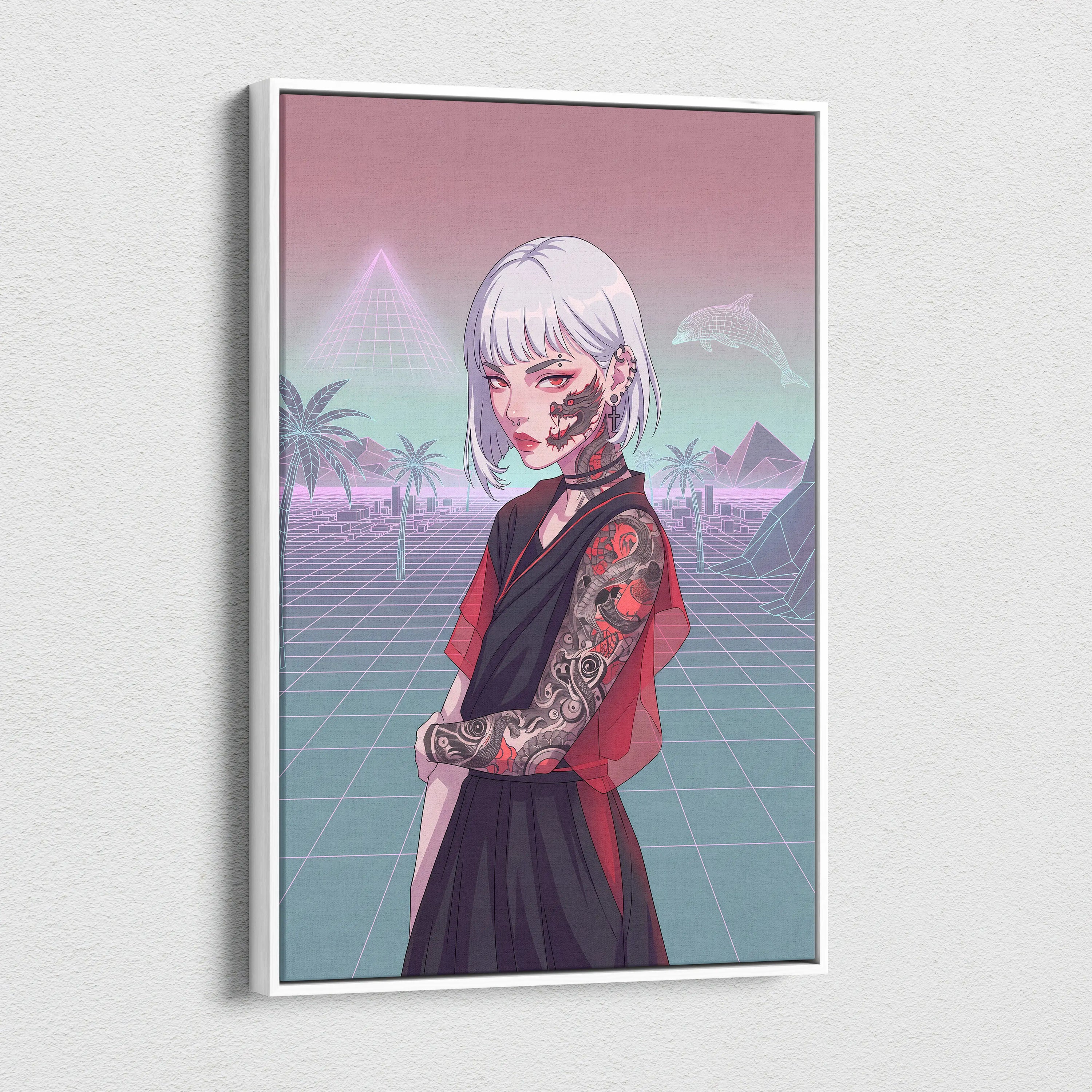 Vaporwave Neon Portrait Canvas - Female Vaporwave Character Neon Pink Teal Bedroom Decor Dreamy Retro Futurism Canvas