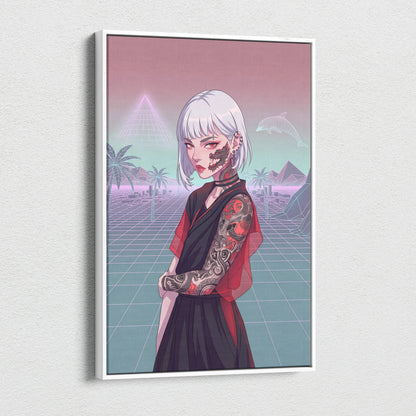 Vaporwave Neon Portrait Canvas - Female Vaporwave Character Neon Pink Teal Bedroom Decor Dreamy Retro Futurism Canvas
