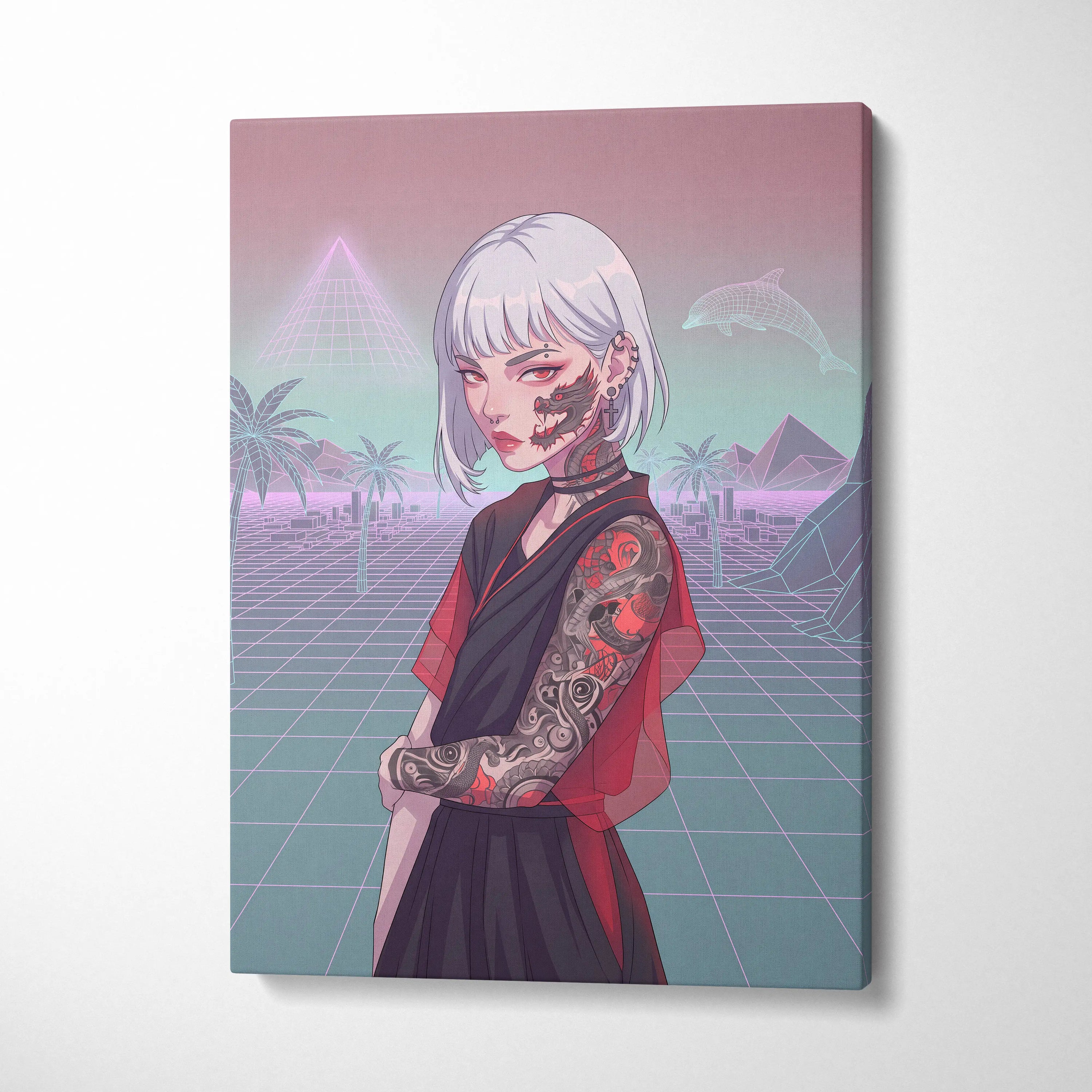Vaporwave Neon Portrait Canvas - Female Vaporwave Character Neon Pink Teal Bedroom Decor Dreamy Retro Futurism Canvas