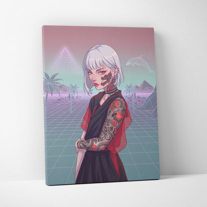 Vaporwave Neon Portrait Canvas - Female Vaporwave Character Neon Pink Teal Bedroom Decor Dreamy Retro Futurism Canvas