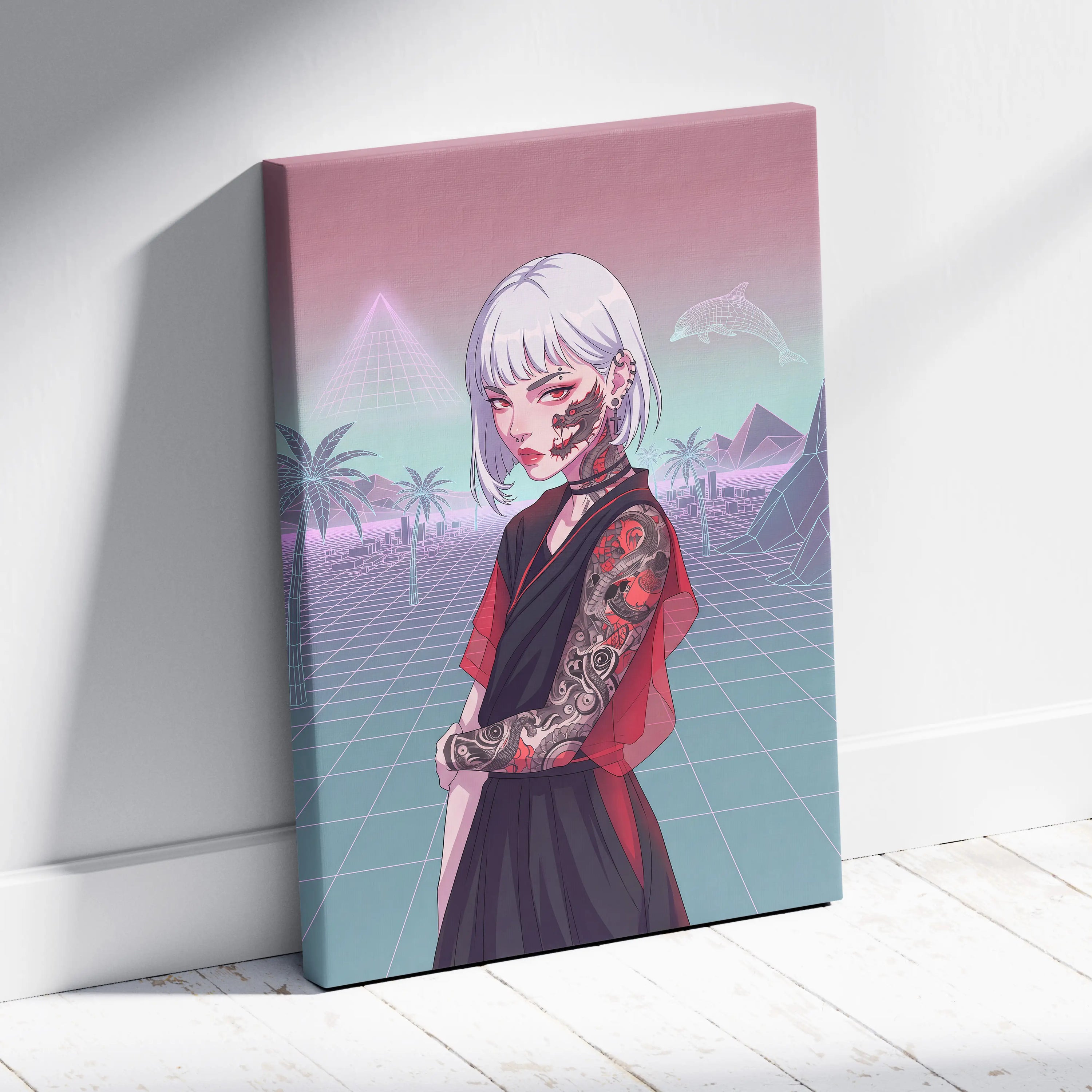 Vaporwave Neon Portrait Canvas - Female Vaporwave Character Neon Pink Teal Bedroom Decor Dreamy Retro Futurism Canvas